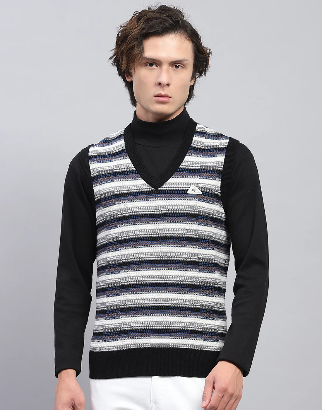 Men Black Self Design V Neck Sleeveless Sweater - Image 2