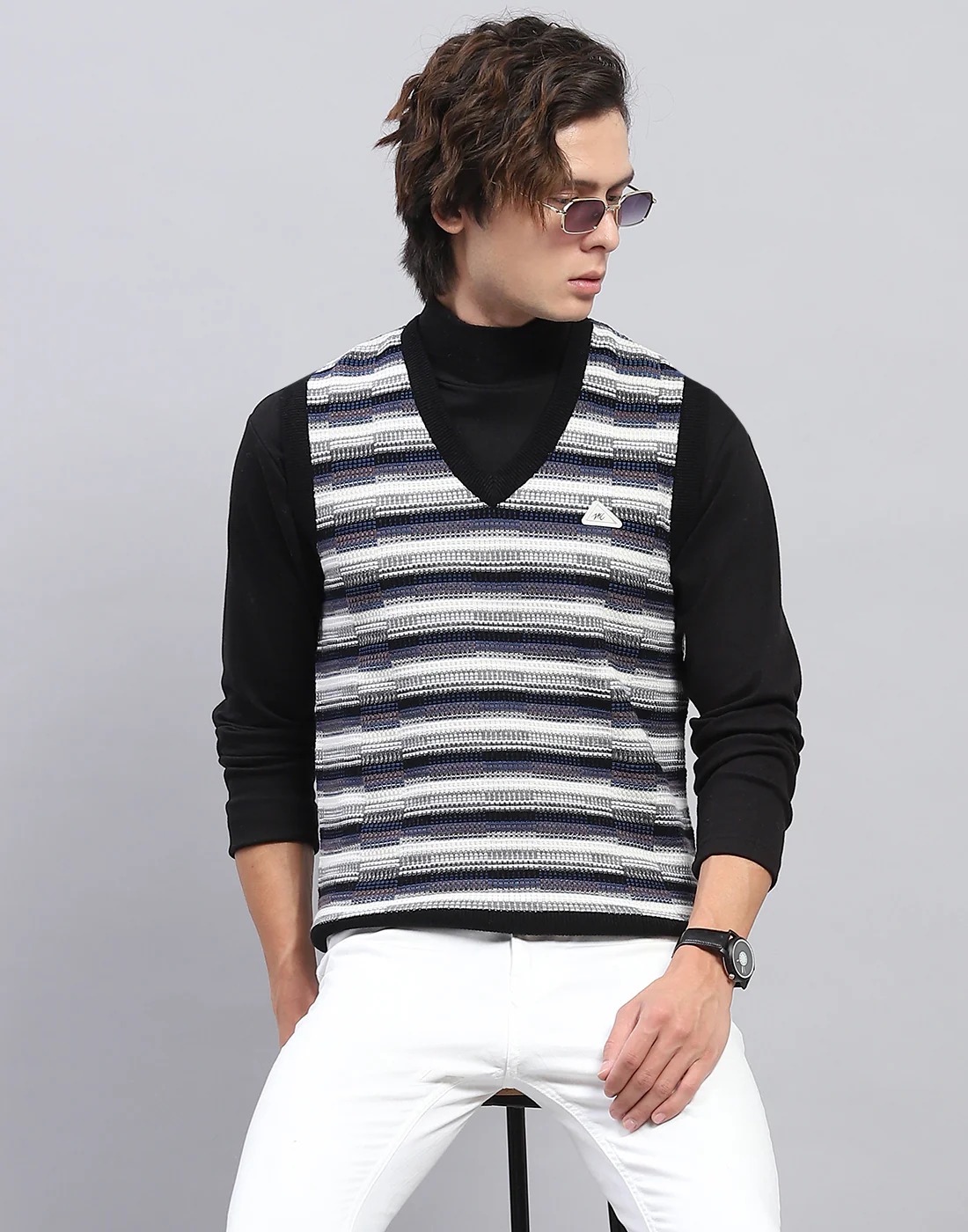 Men Black Self Design V Neck Sleeveless Sweater - Image 6