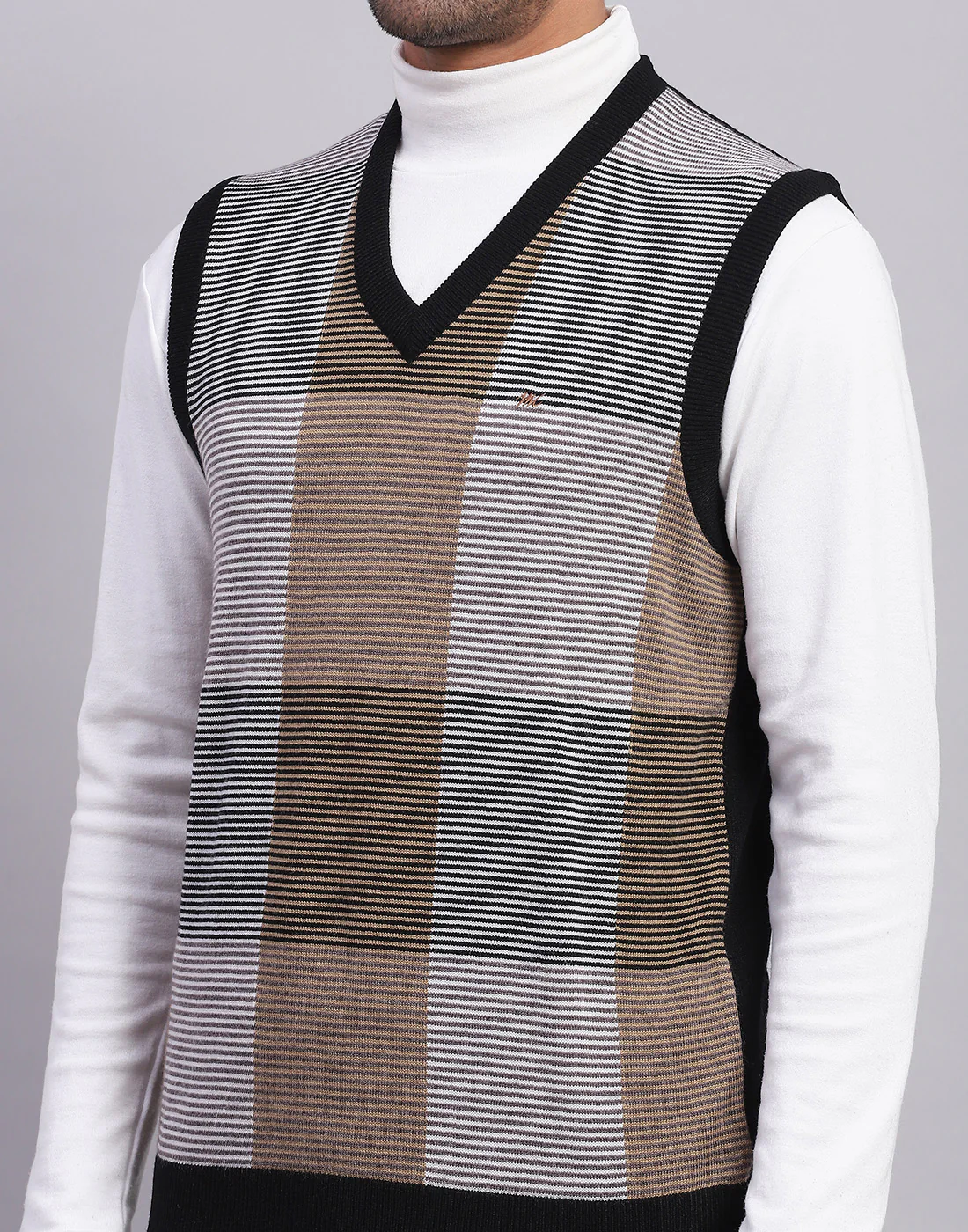 Men Black Self Design V Neck Sleeveless Sweater - Image 6