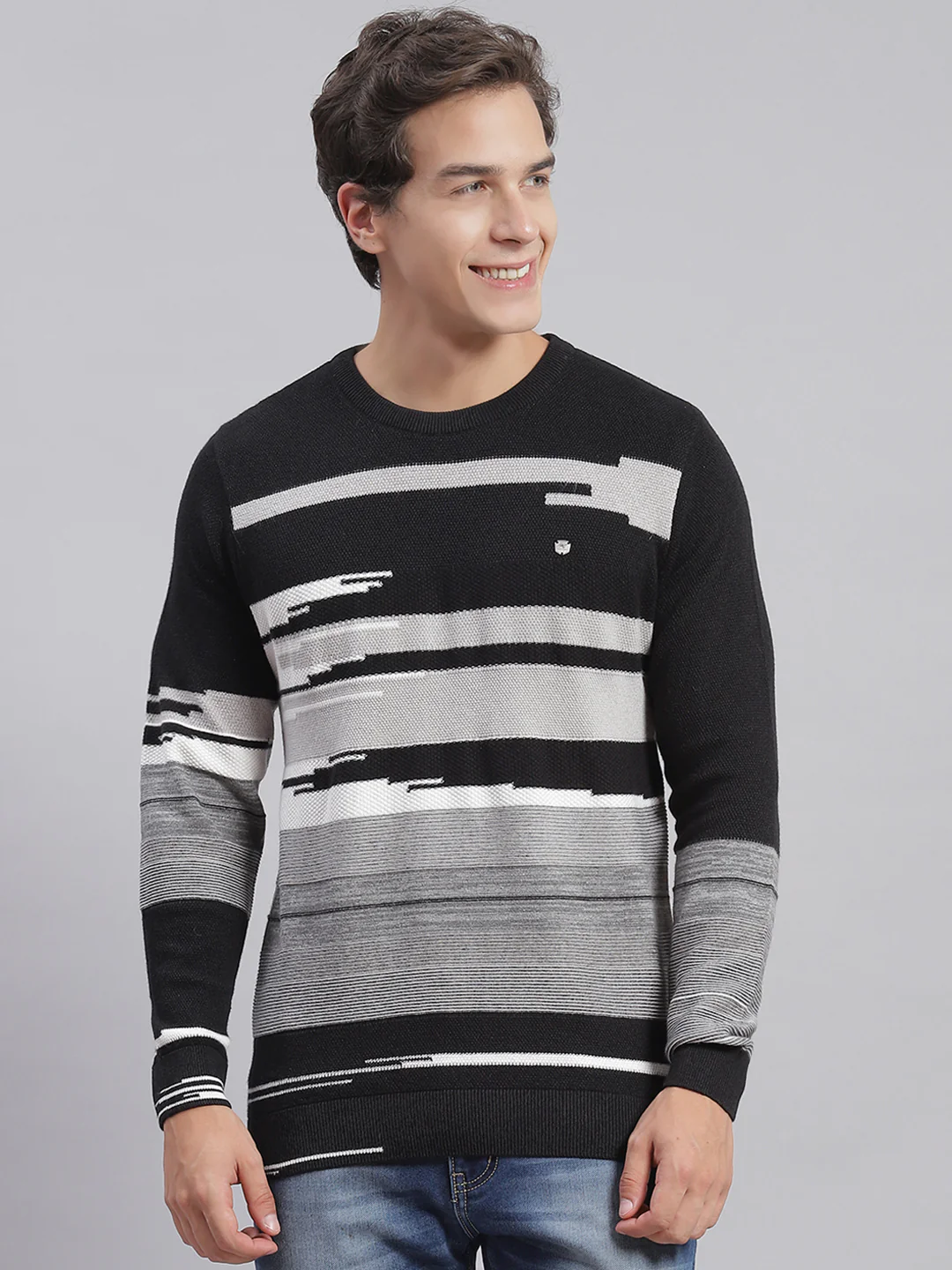 Men Black Self Design Round Neck Full Sleeve Sweaters/Pullovers - Image 3