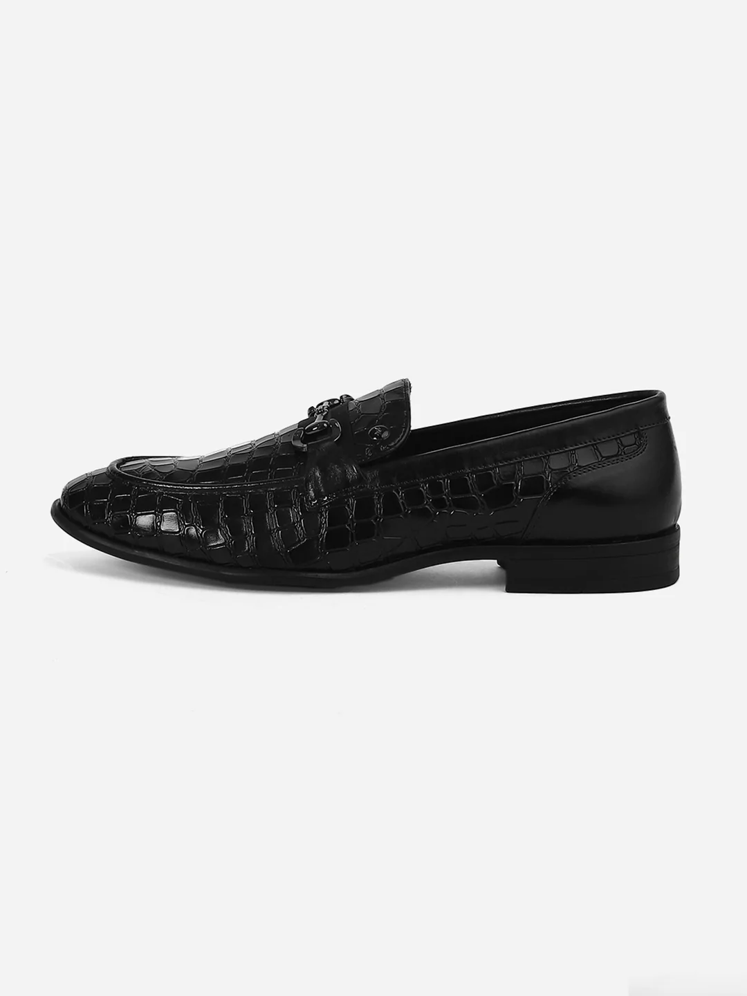Men Black Slip-On Genuine Leather Croco Print Penny Loafers - Image 6