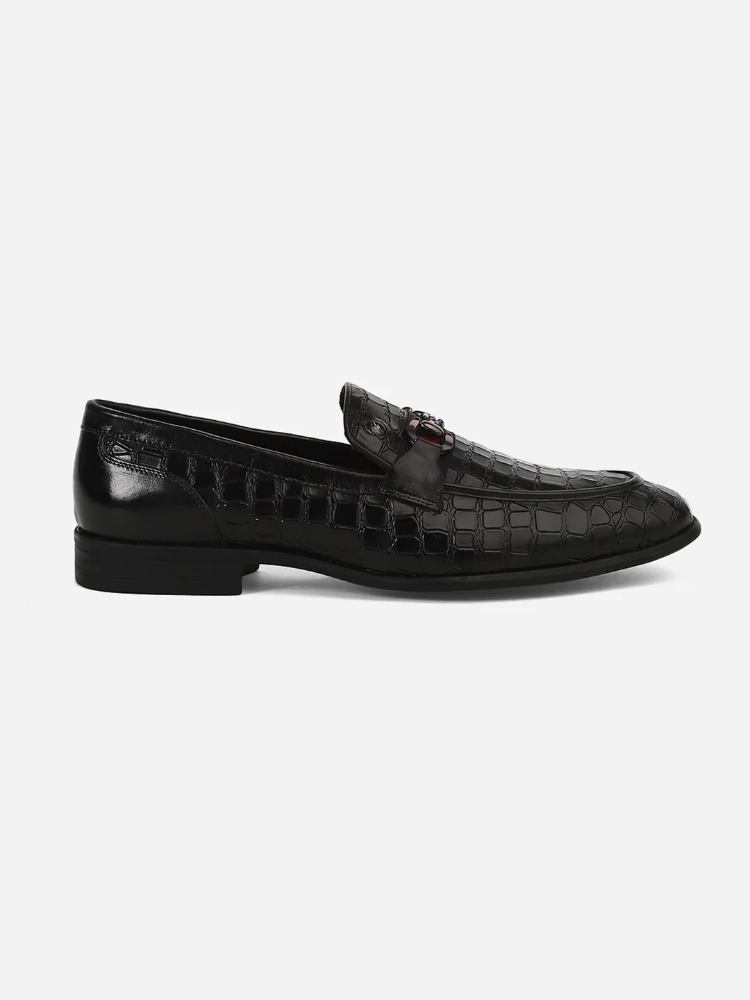 Men Black Slip-On Genuine Leather Croco Print Penny Loafers - Image 7