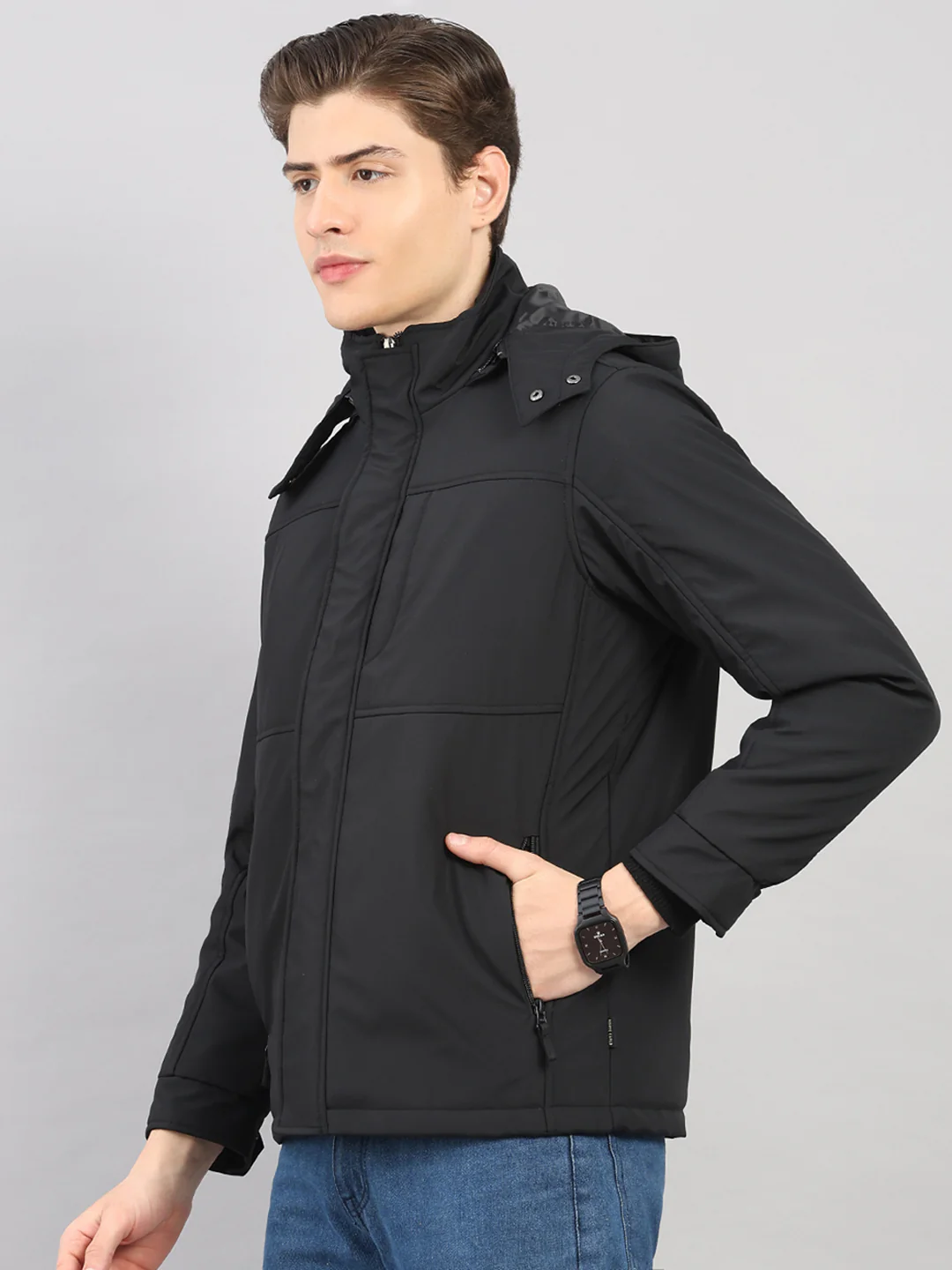 Men Black Solid 4 in 1 Convertible Hooded Jacket Wear It 4 Ways - Image 3
