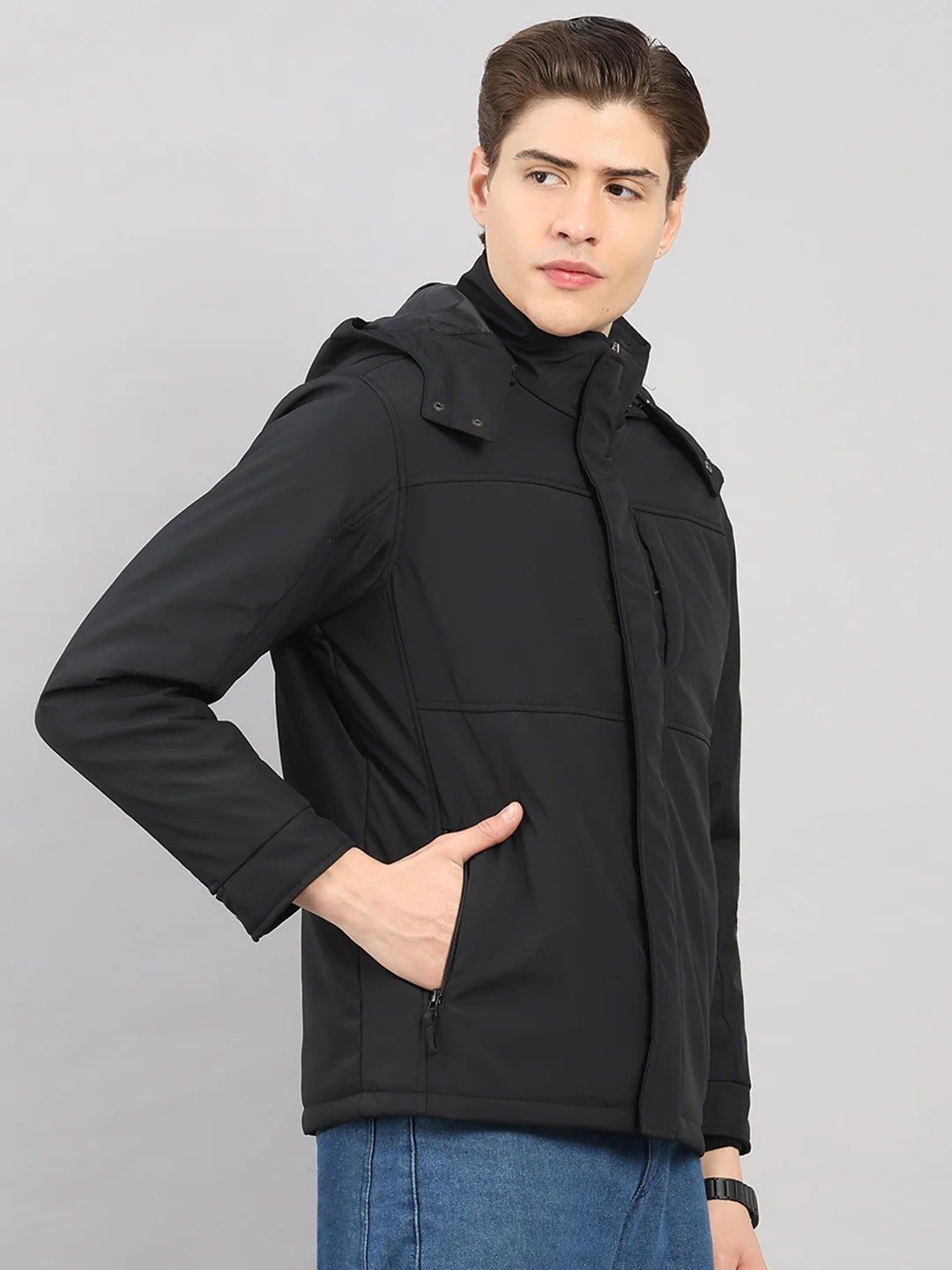 Men Black Solid 4 in 1 Convertible Hooded Jacket Wear It 4 Ways - Image 4