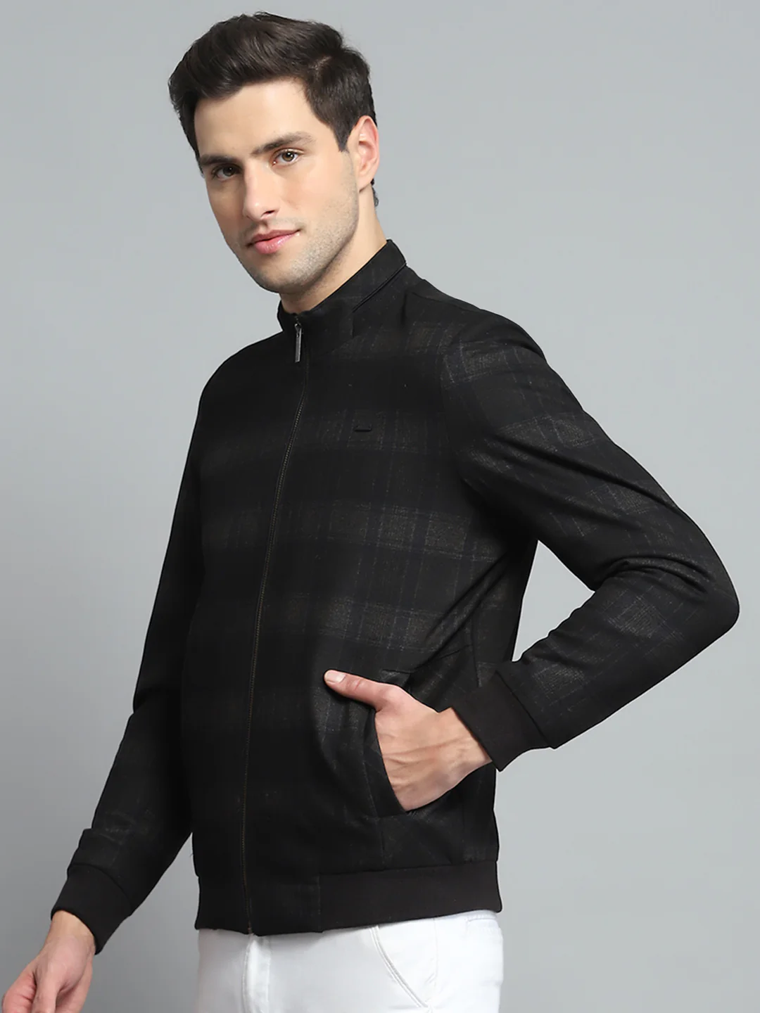 Men Black Solid Band Collar Full Sleeve Jacket - Image 3