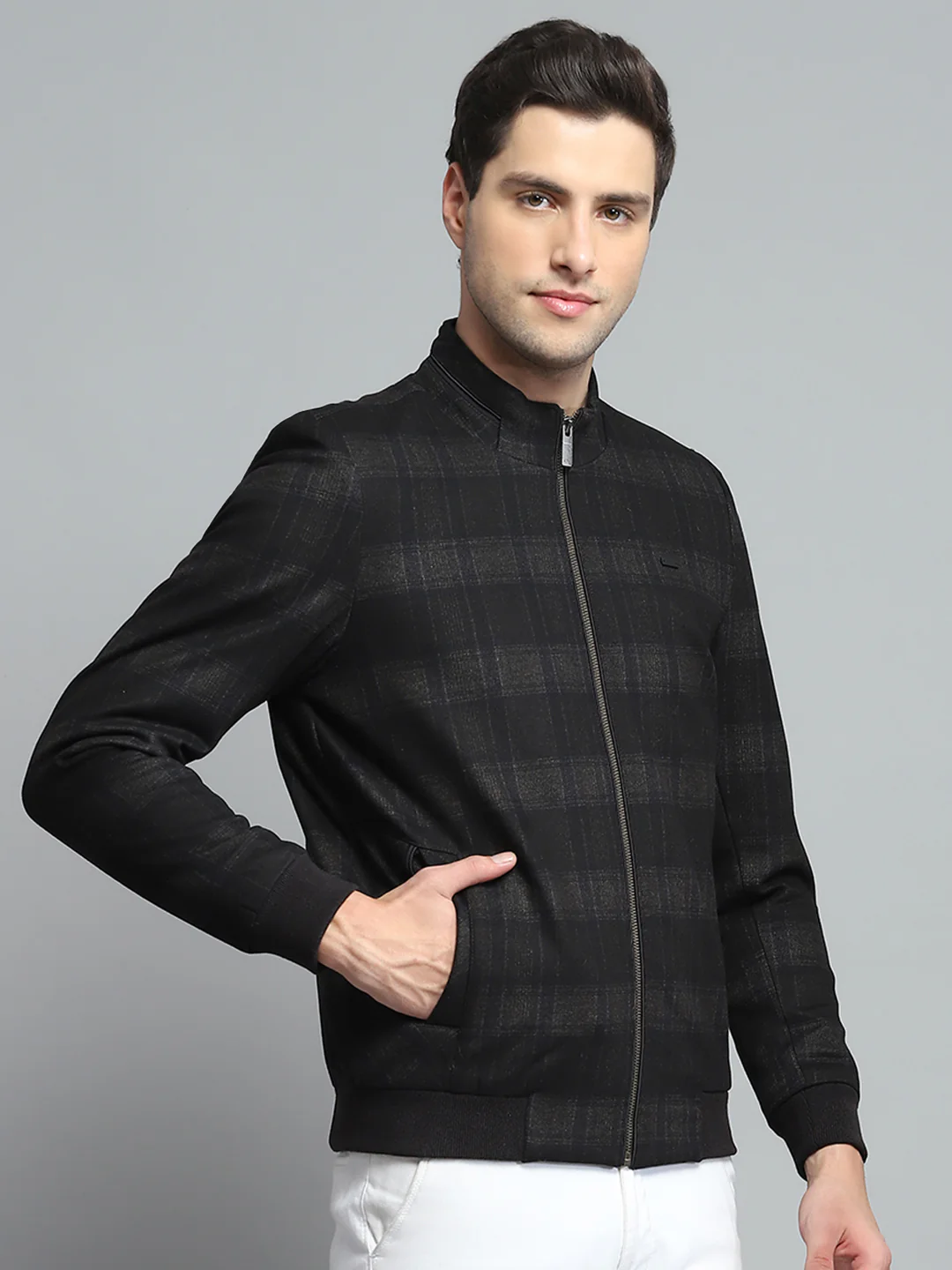 Men Black Solid Band Collar Full Sleeve Jacket - Image 4