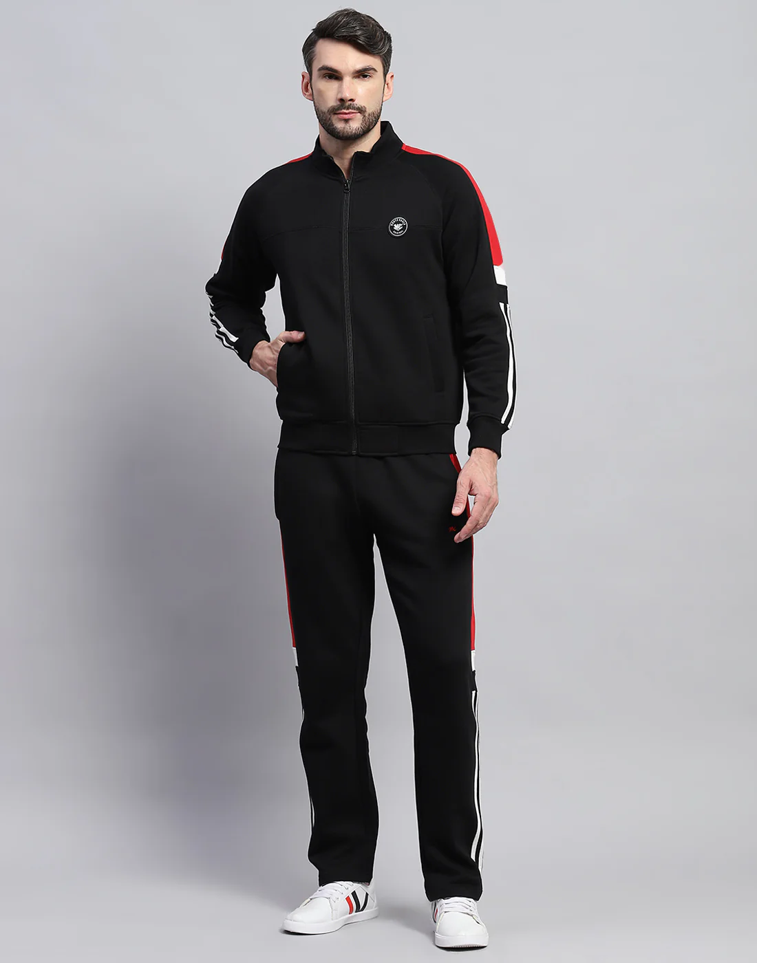 Men Black Solid Band Collar Full Sleeve Winter Tracksuit - Image 4