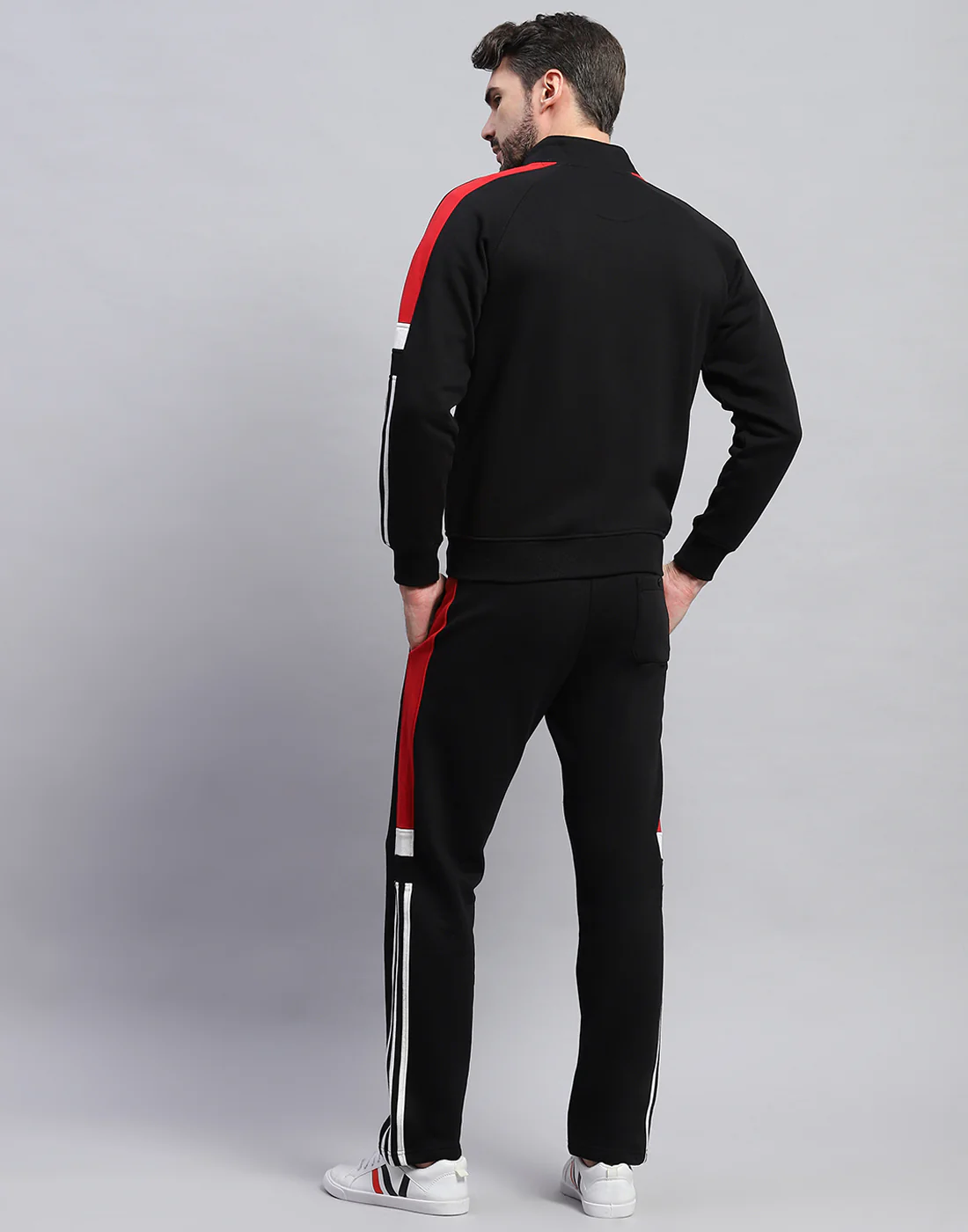 Men Black Solid Band Collar Full Sleeve Winter Tracksuit - Image 5