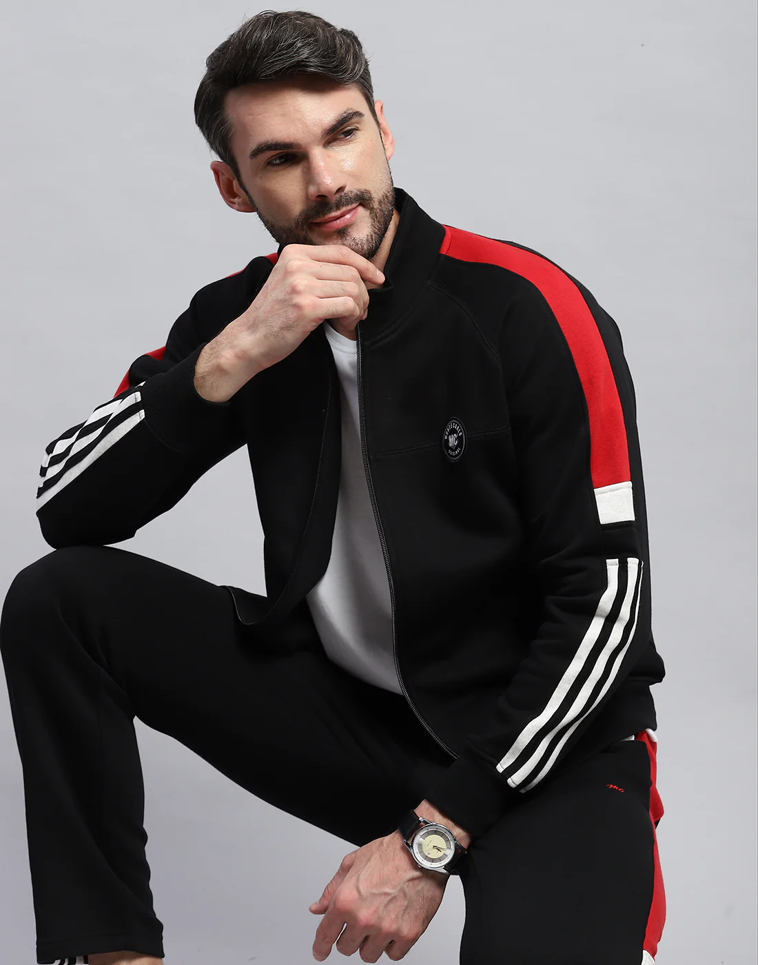 Men Black Solid Band Collar Full Sleeve Winter Tracksuit - Image 6