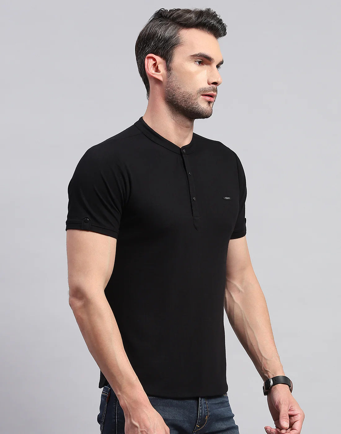 Men Black Solid Band Collar Half Sleeve T-Shirt - Image 4