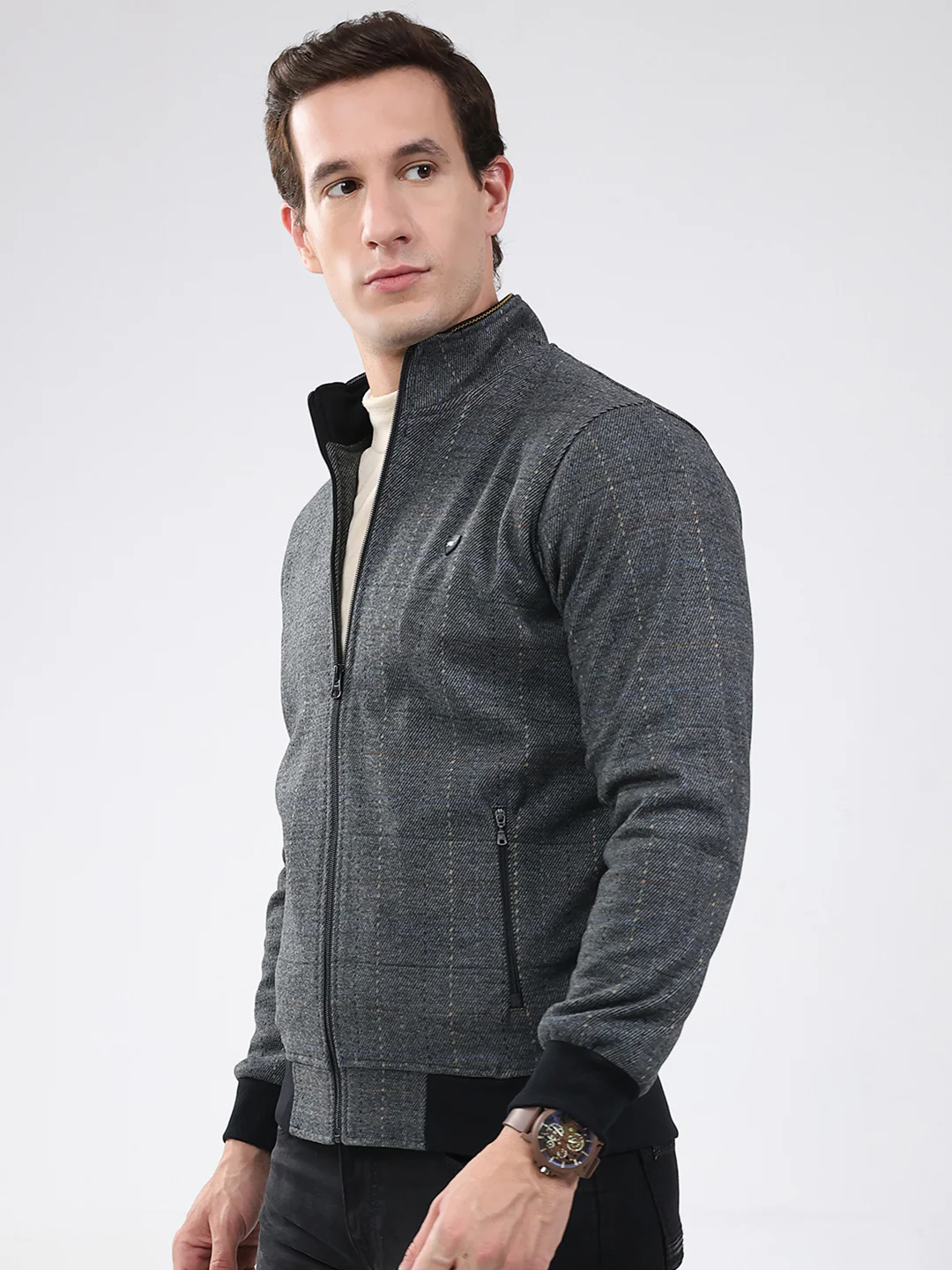 Men Black Solid Band Neck Full Sleeve Sweatshirt - Image 3
