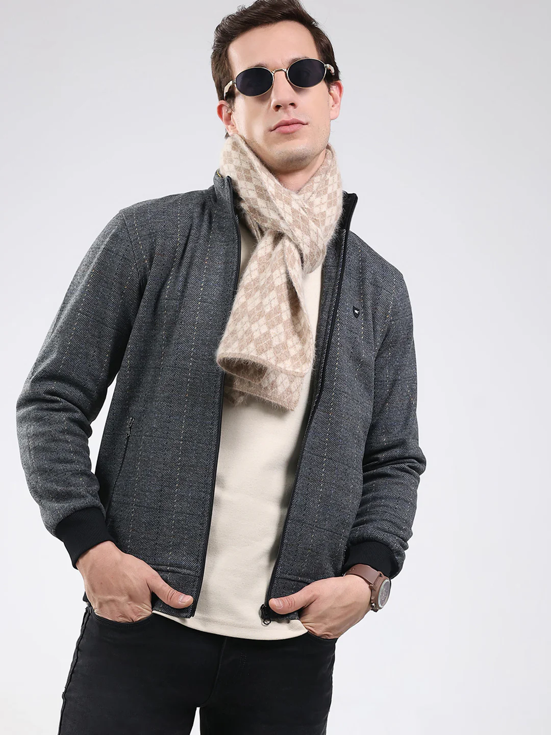 Men Black Solid Band Neck Full Sleeve Sweatshirt - Image 6
