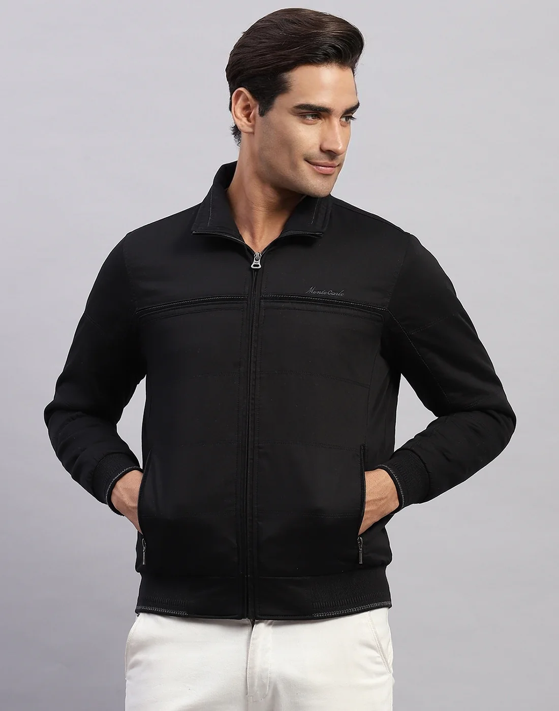 Men Black Solid Collar Full Sleeve Jacket - Image 2