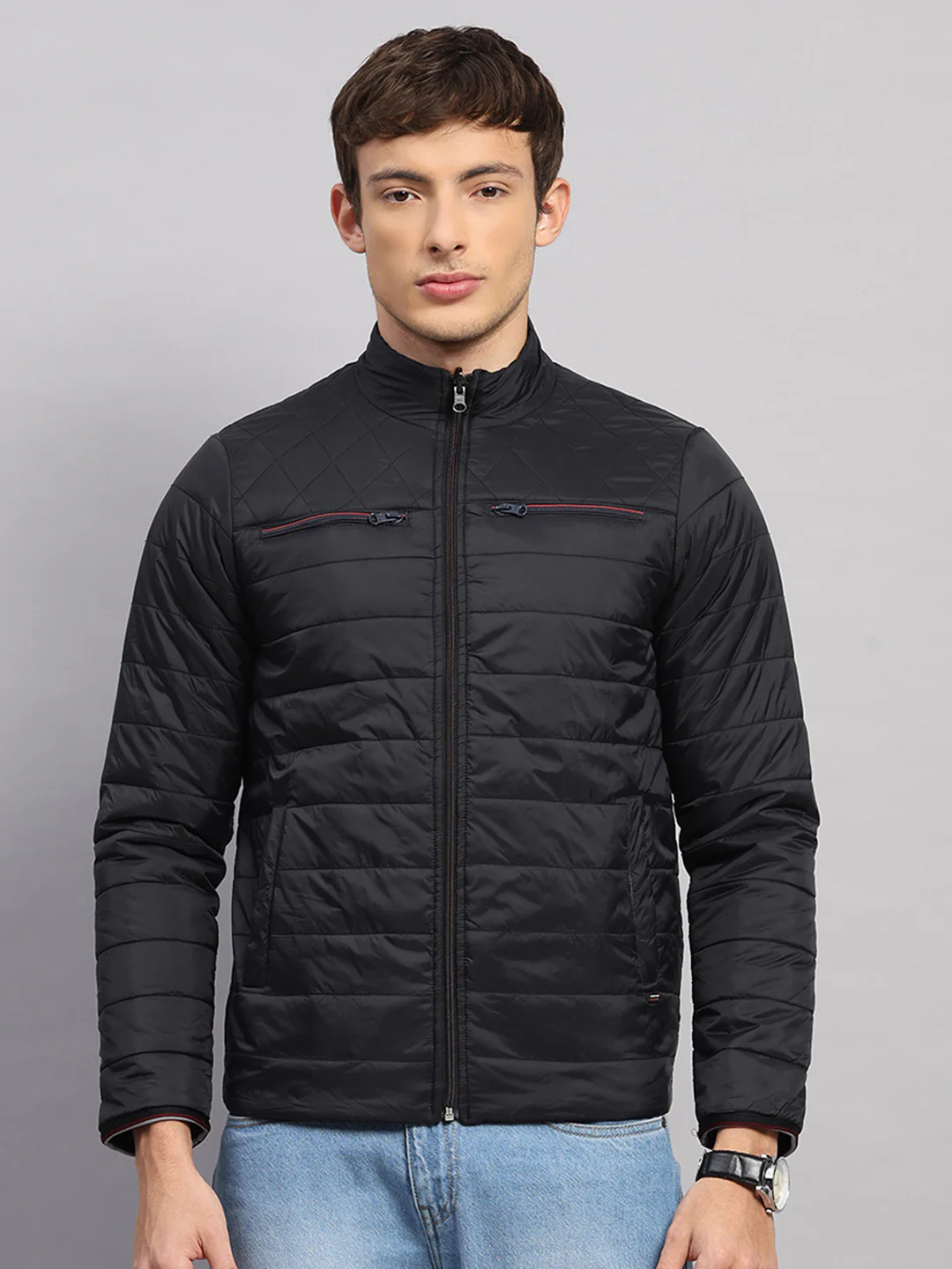 Men Black Solid Collar Full Sleeve Jacket