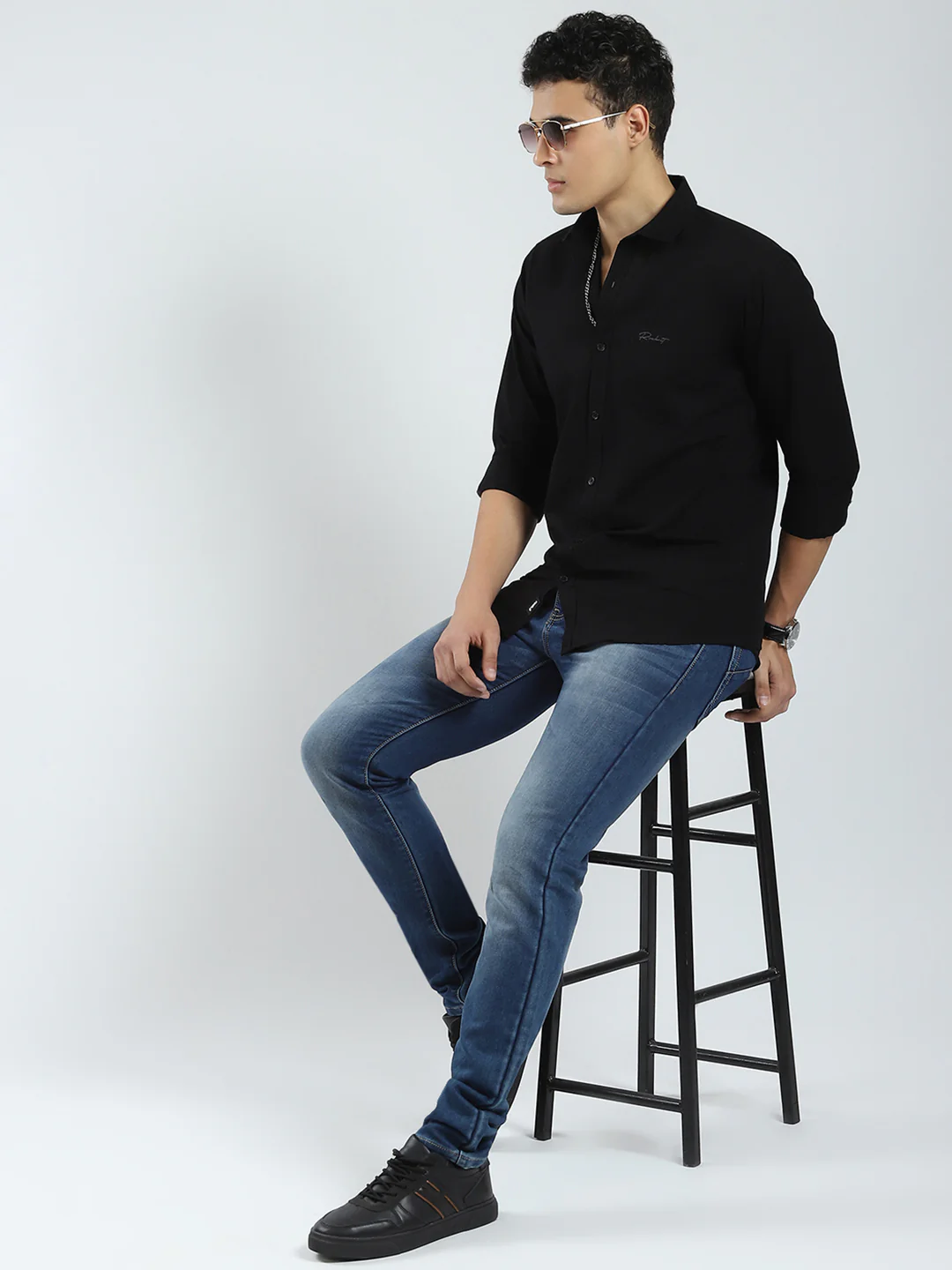 Rock.it Men Black Solid Collar Full Sleeve Shirt - Image 2