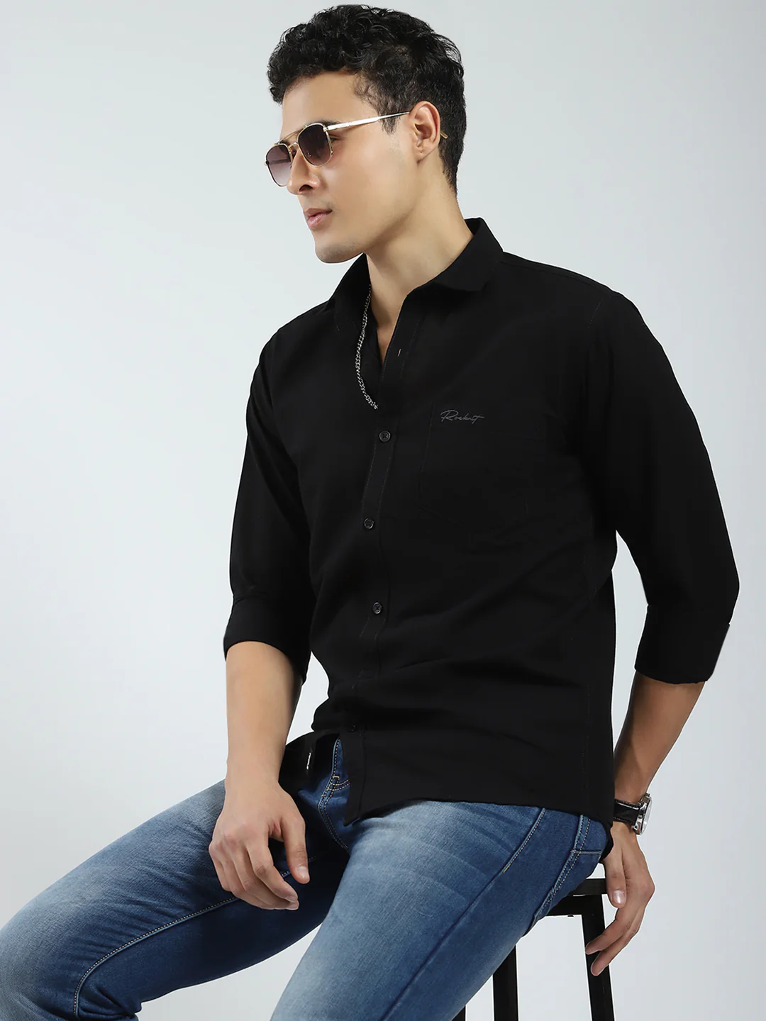 Rock.it Men Black Solid Collar Full Sleeve Shirt - Image 6