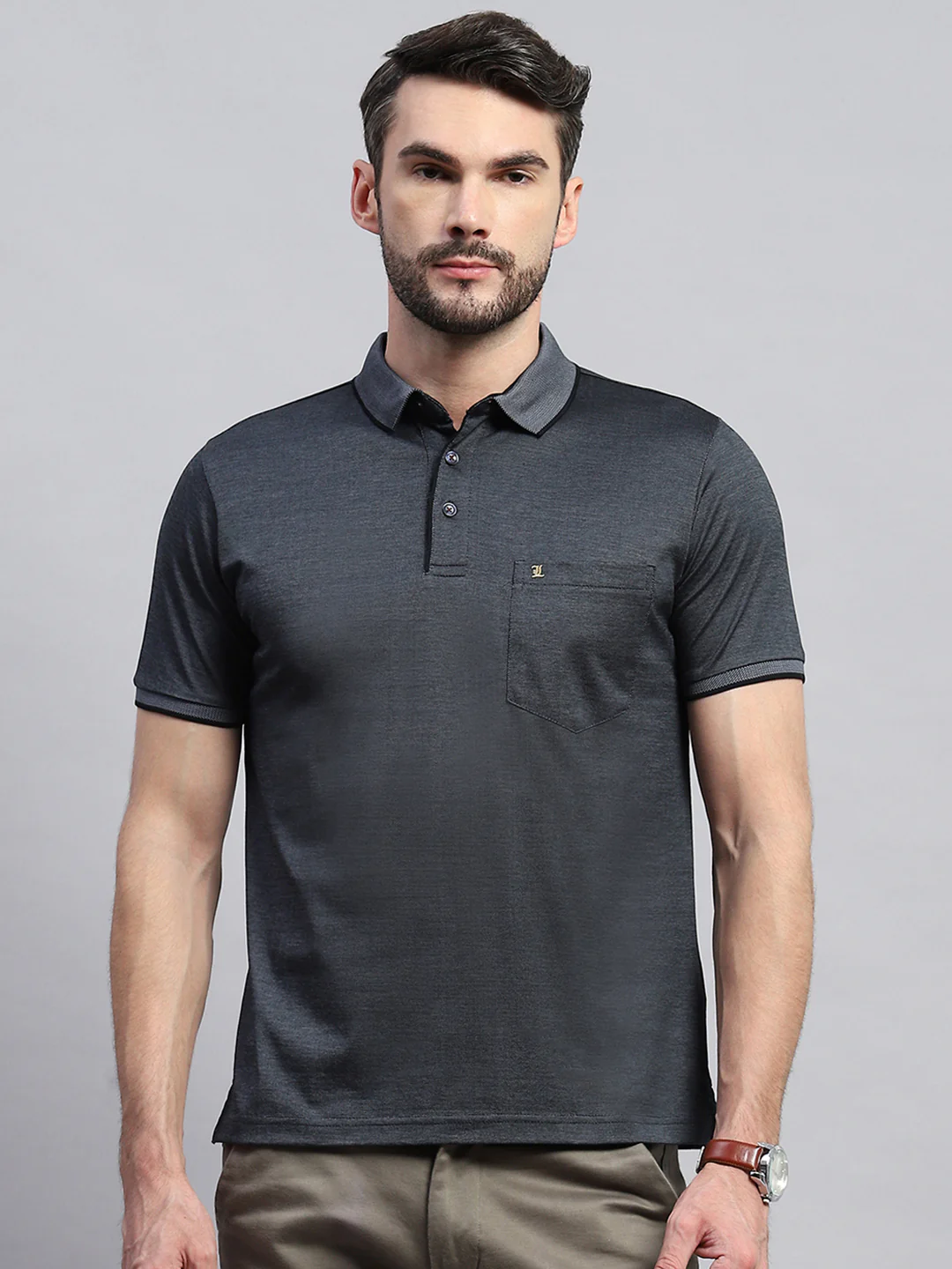Men Black Solid Collar Half Sleeve T-Shirt - Image 2