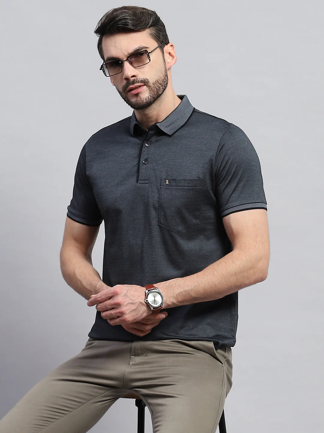 Men Black Solid Collar Half Sleeve T-Shirt - Image 6