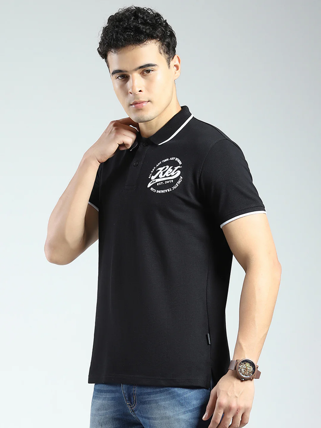 Rock.it Men Black Solid Collar Half Sleeve T-Shirt - Image 3