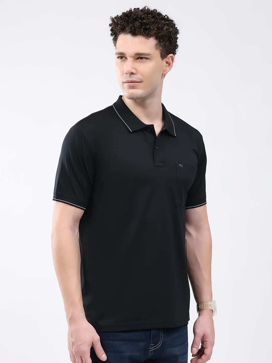 Men Black Solid Collar Half Sleeve T-Shirt - Image 4