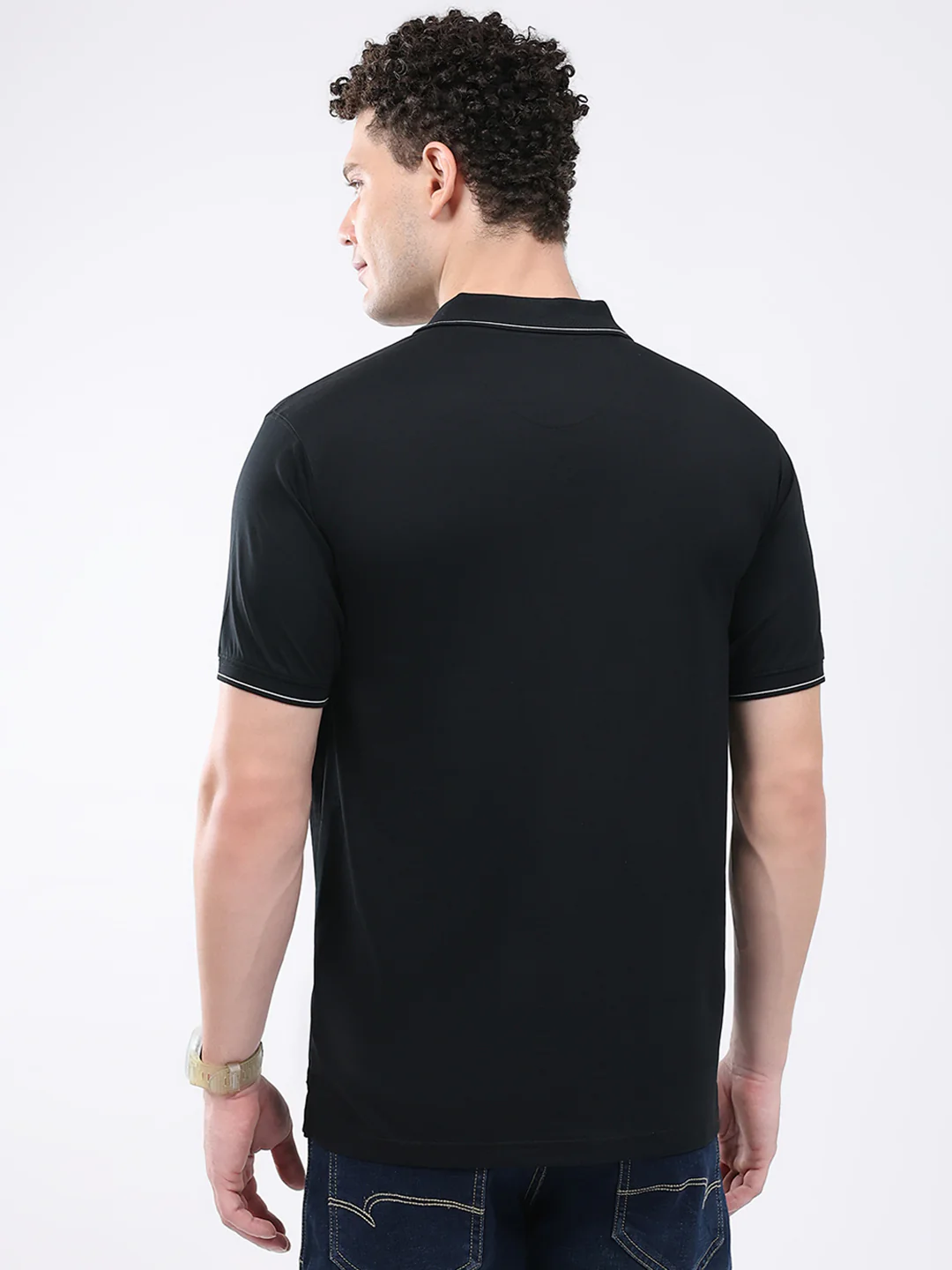 Men Black Solid Collar Half Sleeve T-Shirt - Image 5