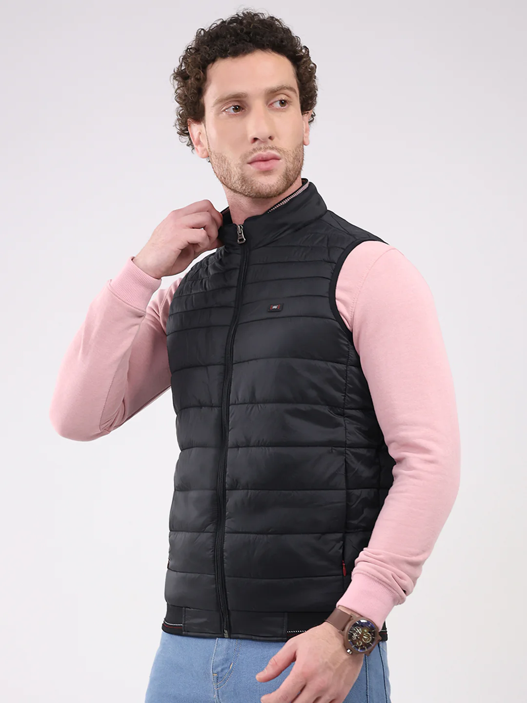 Men Black Solid Collar Sleeveless Jacket - Image 3
