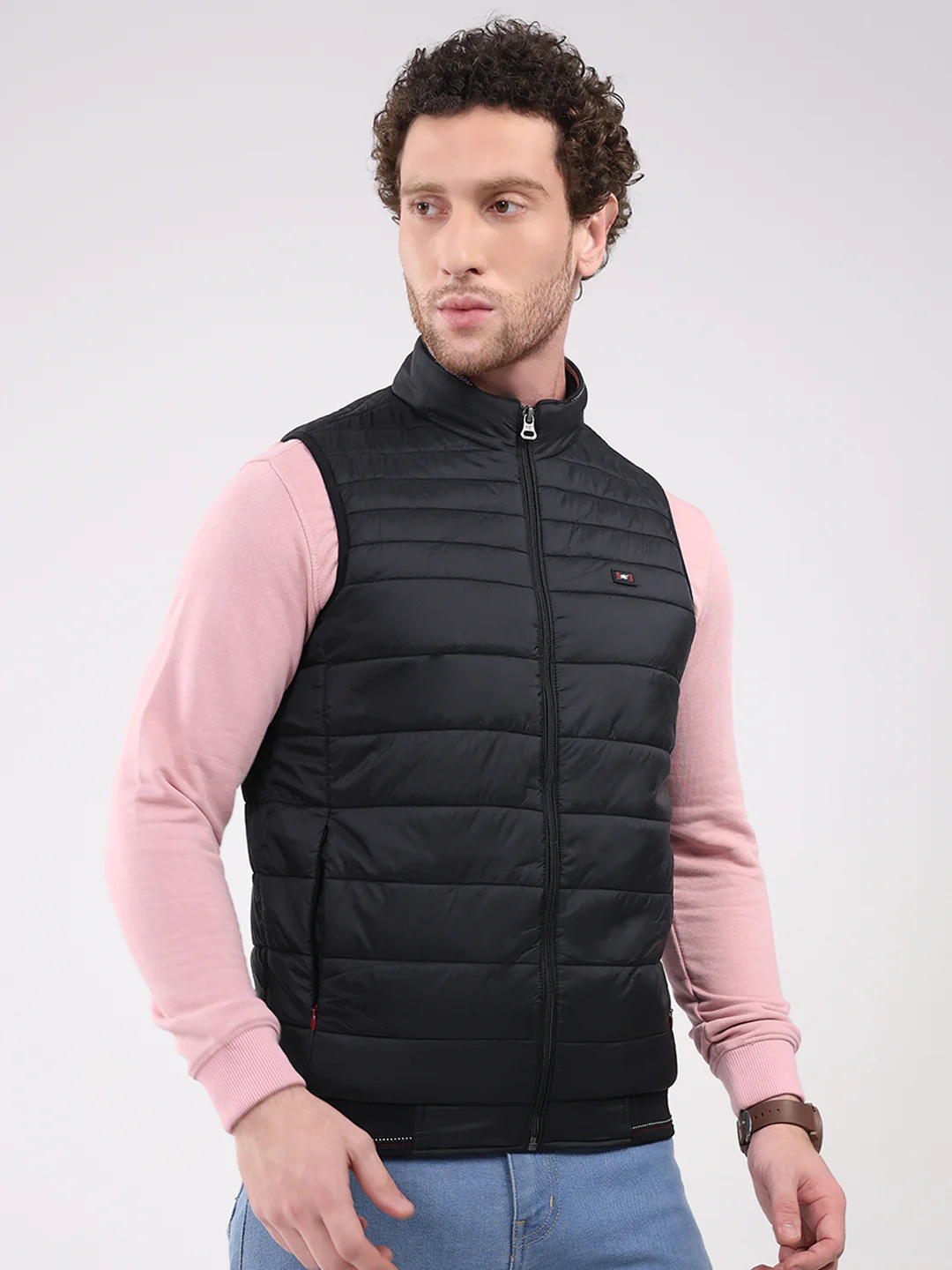 Men Black Solid Collar Sleeveless Jacket - Image 4
