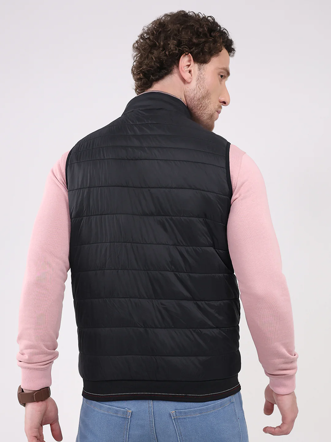 Men Black Solid Collar Sleeveless Jacket - Image 5