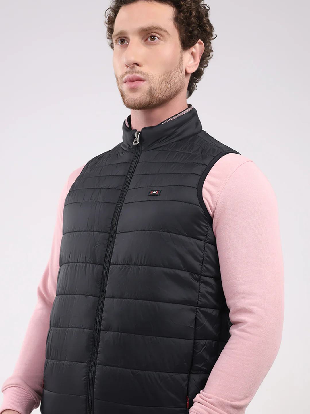 Men Black Solid Collar Sleeveless Jacket - Image 6