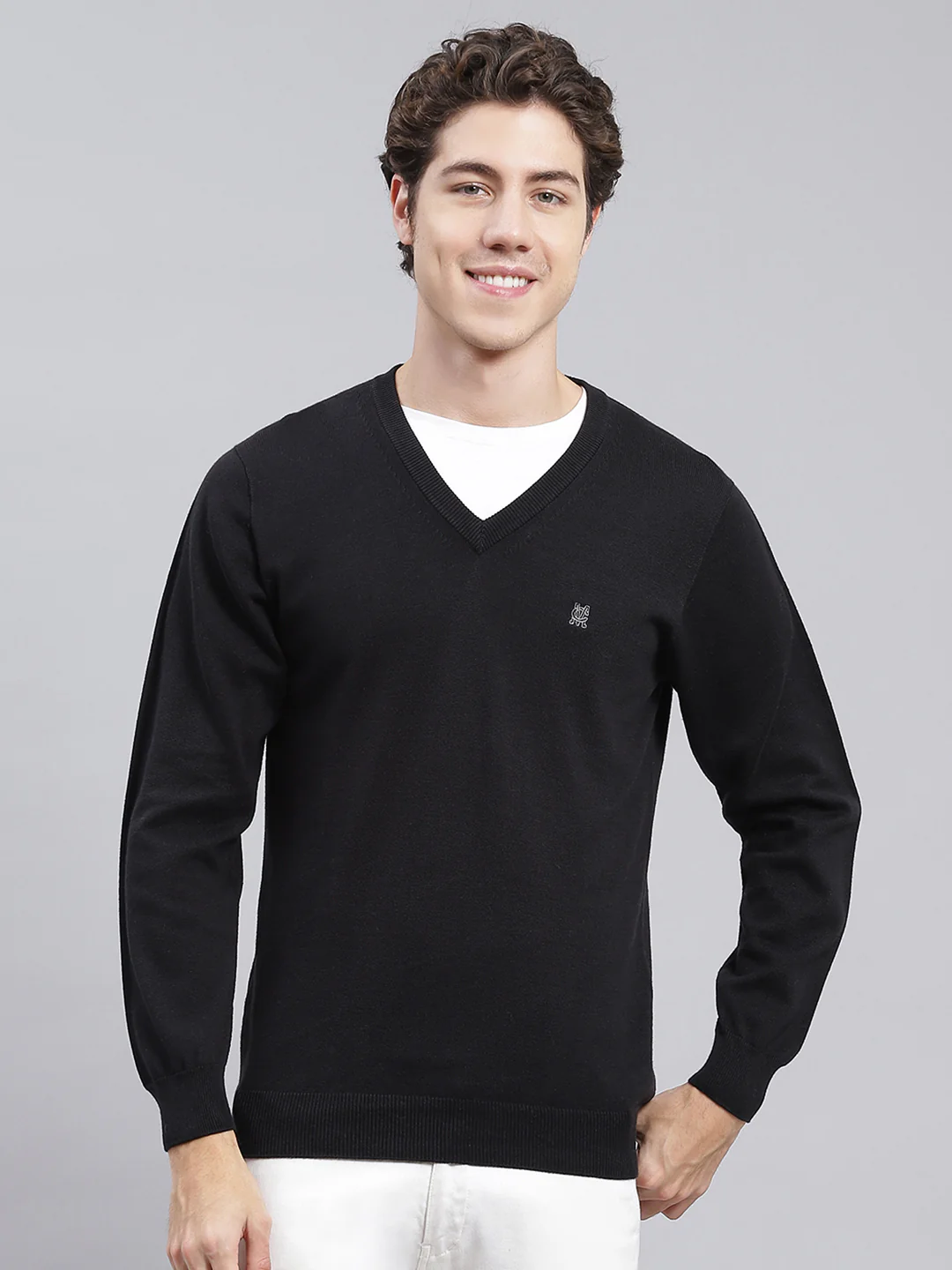 Men Black Solid Cotton Pullover - Image 2
