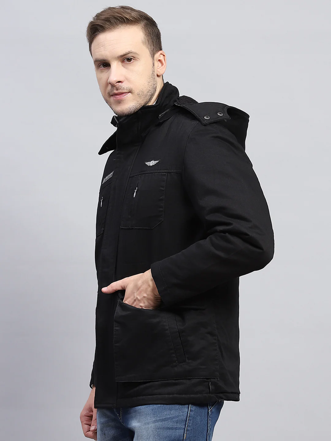 Men Black Solid Detachable Hood Full Sleeve Jacket - Image 3