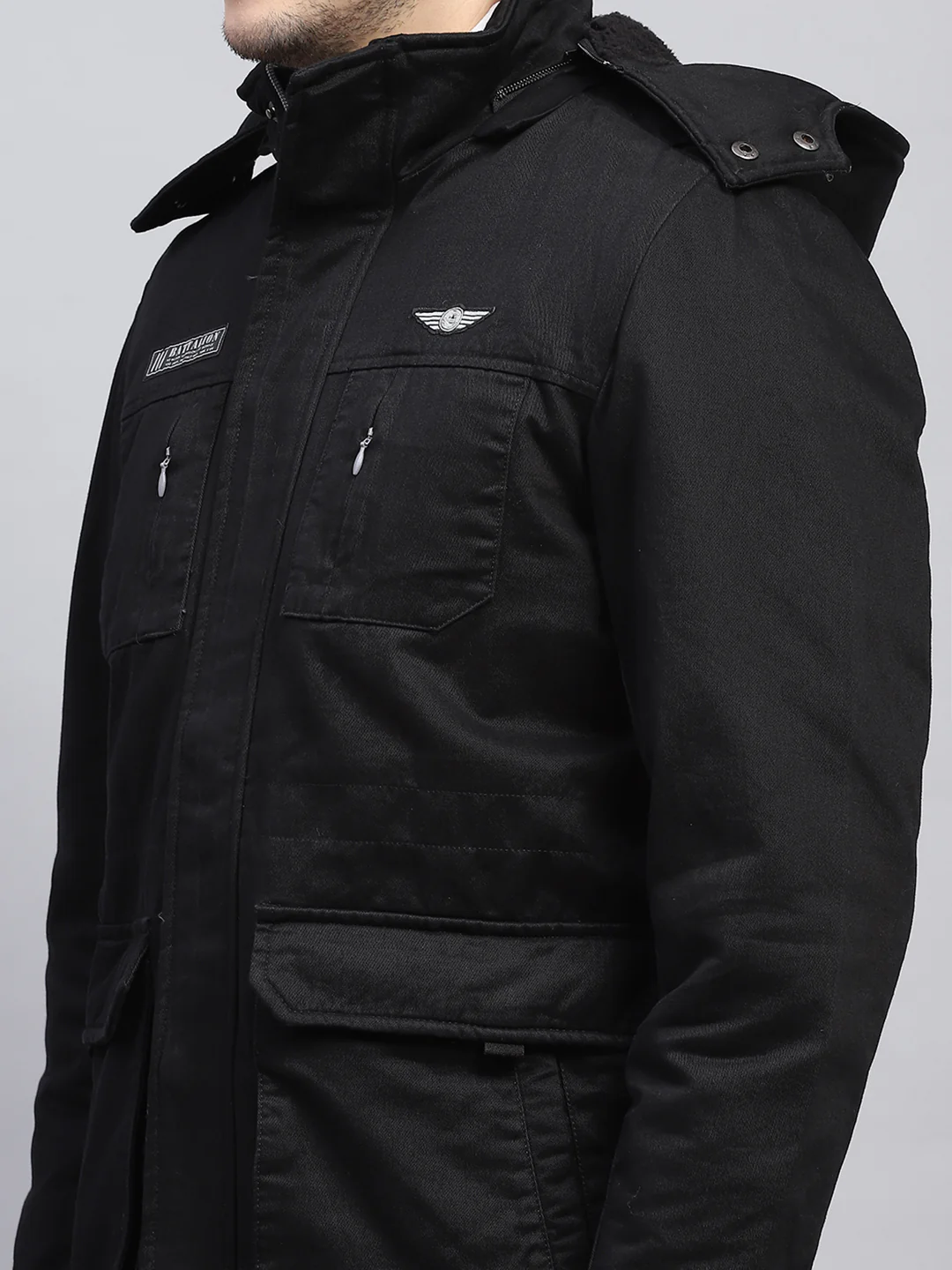 Men Black Solid Detachable Hood Full Sleeve Jacket - Image 9