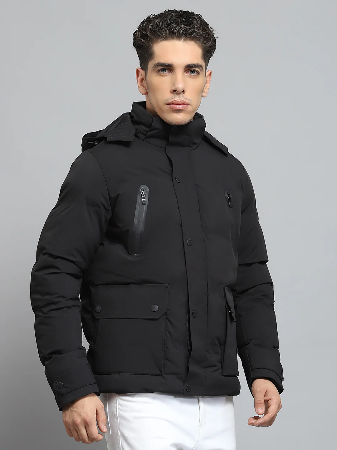 Men Black Solid Detachable Hood Full Sleeve Jacket - Image 4