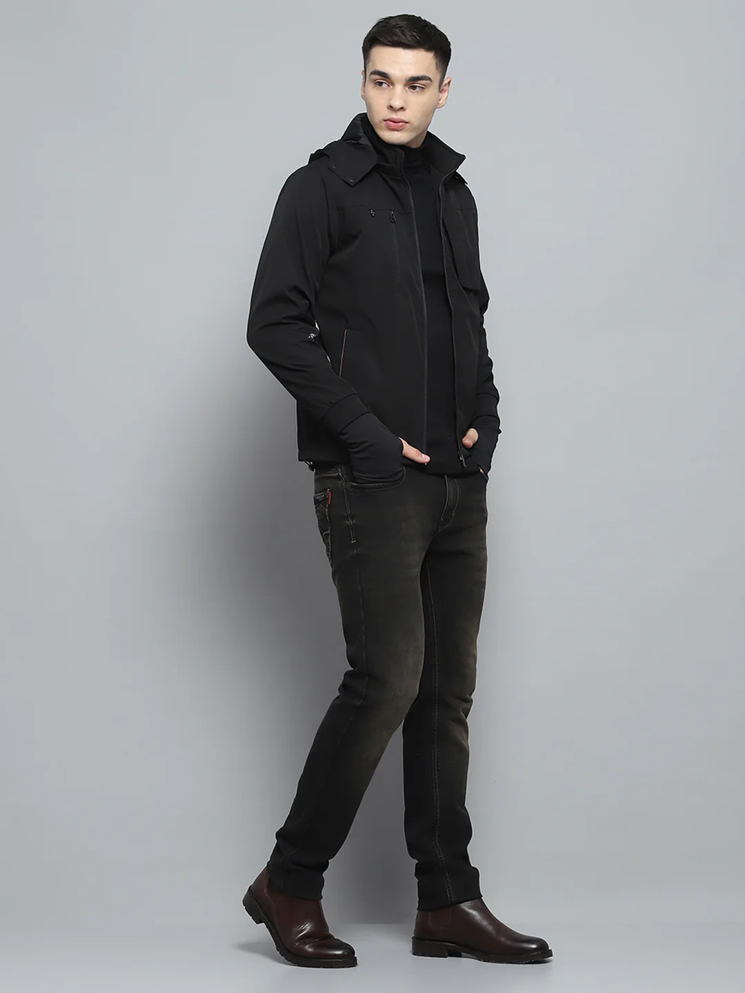 Men Black Solid Detachable Hood Full Sleeve Jacket - Image 2
