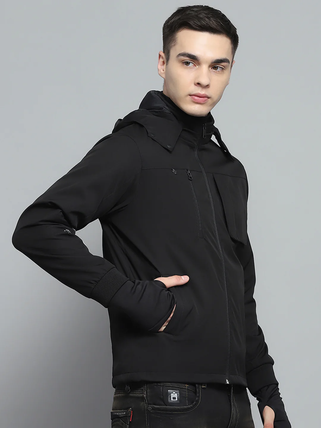 Men Black Solid Detachable Hood Full Sleeve Jacket - Image 4