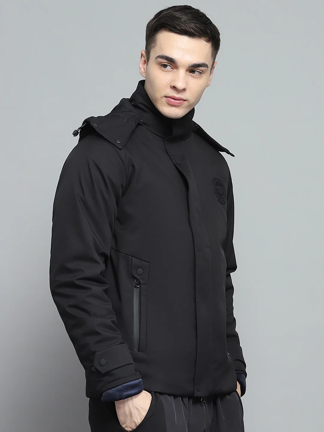 Men Black Solid Detachable Hood Full Sleeve Jacket - Image 4
