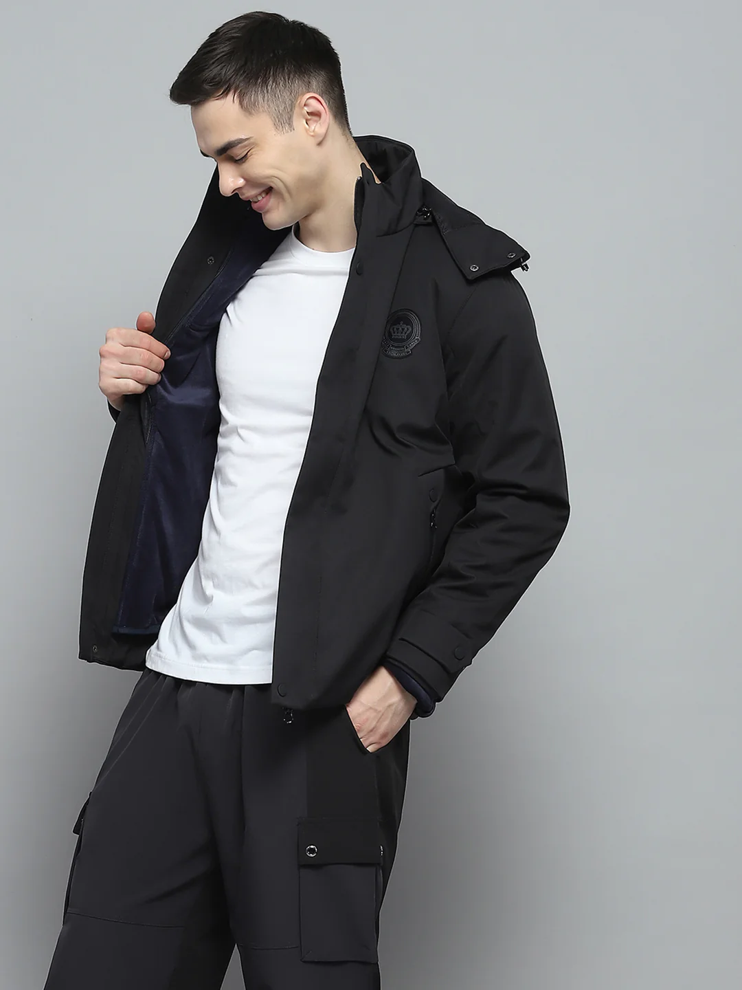 Men Black Solid Detachable Hood Full Sleeve Jacket - Image 6