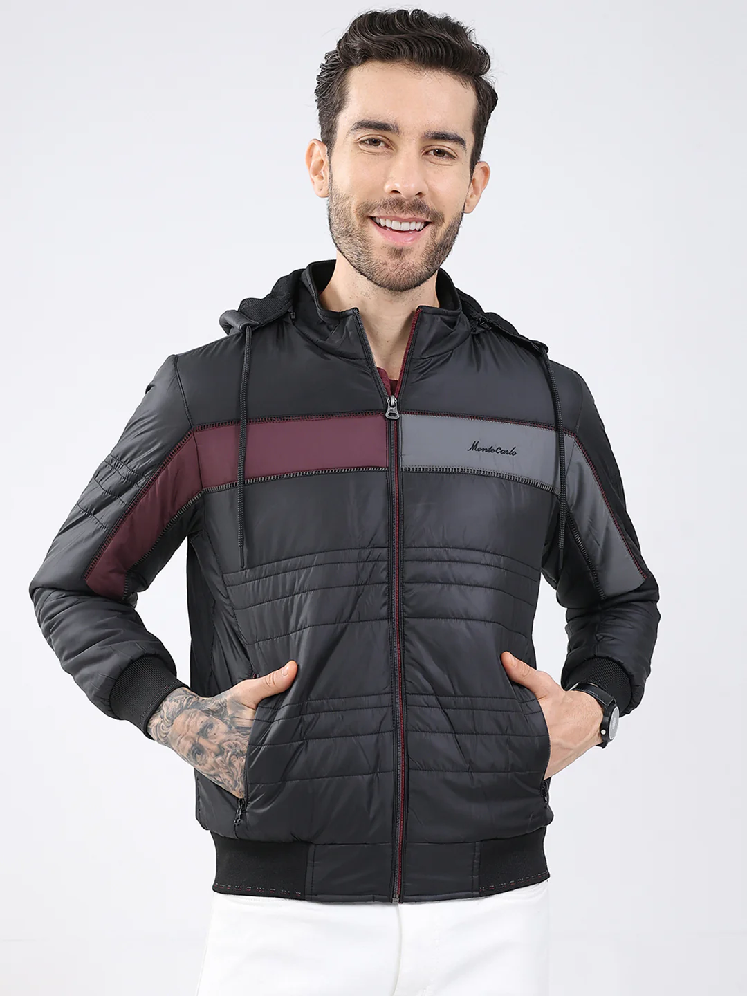 Men Black Solid Detachable Hood Full Sleeve Jacket