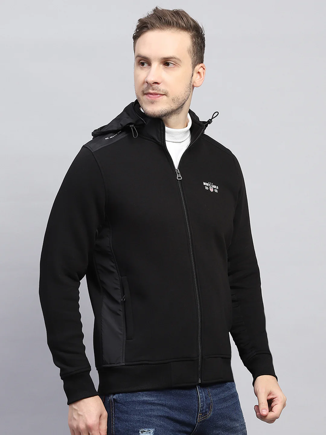 Men Black Solid Detachable Hood Full Sleeve Sweatshirt - Image 4