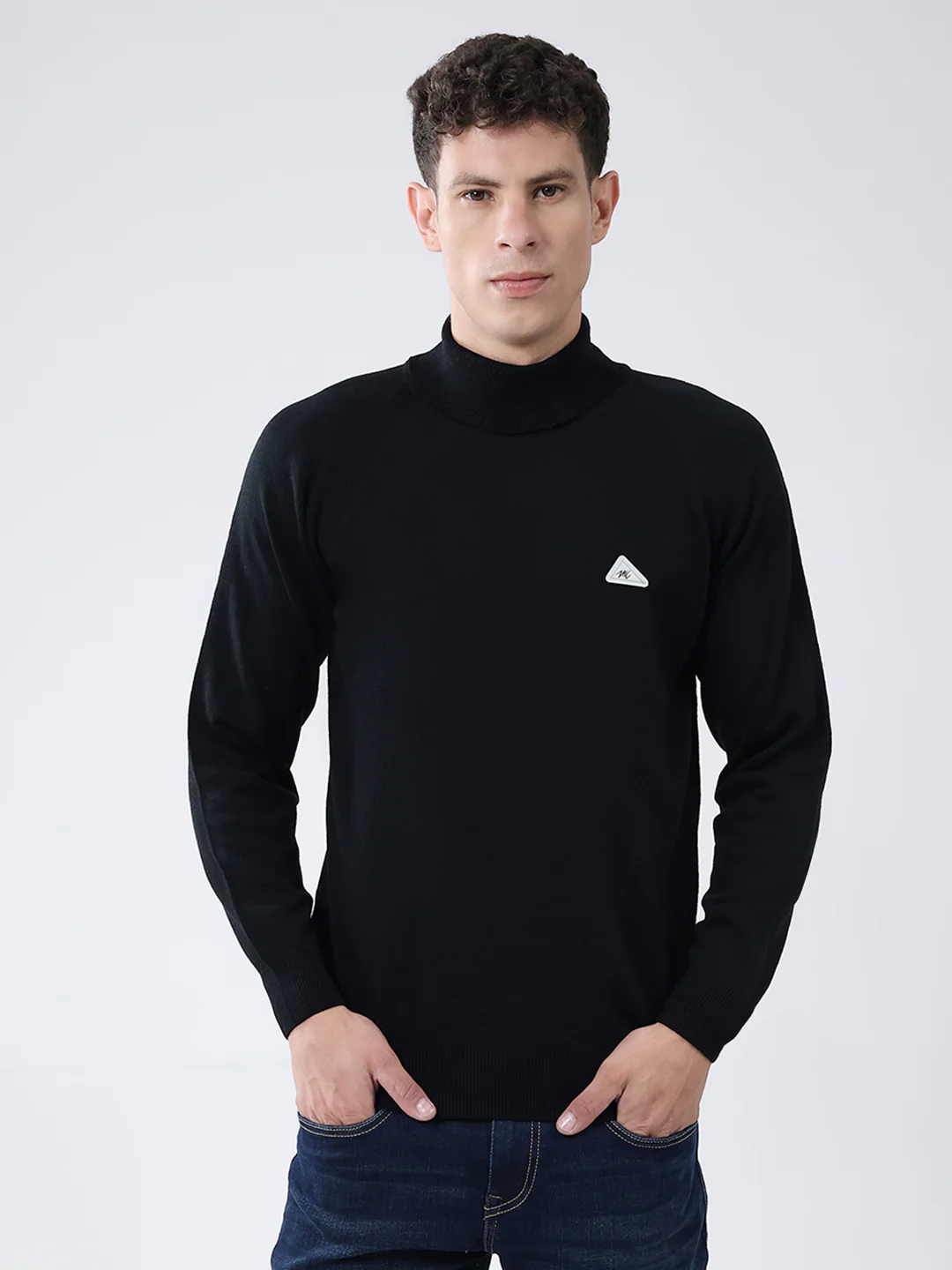 Men Black Solid High Neck Full Sleeve Pullover
