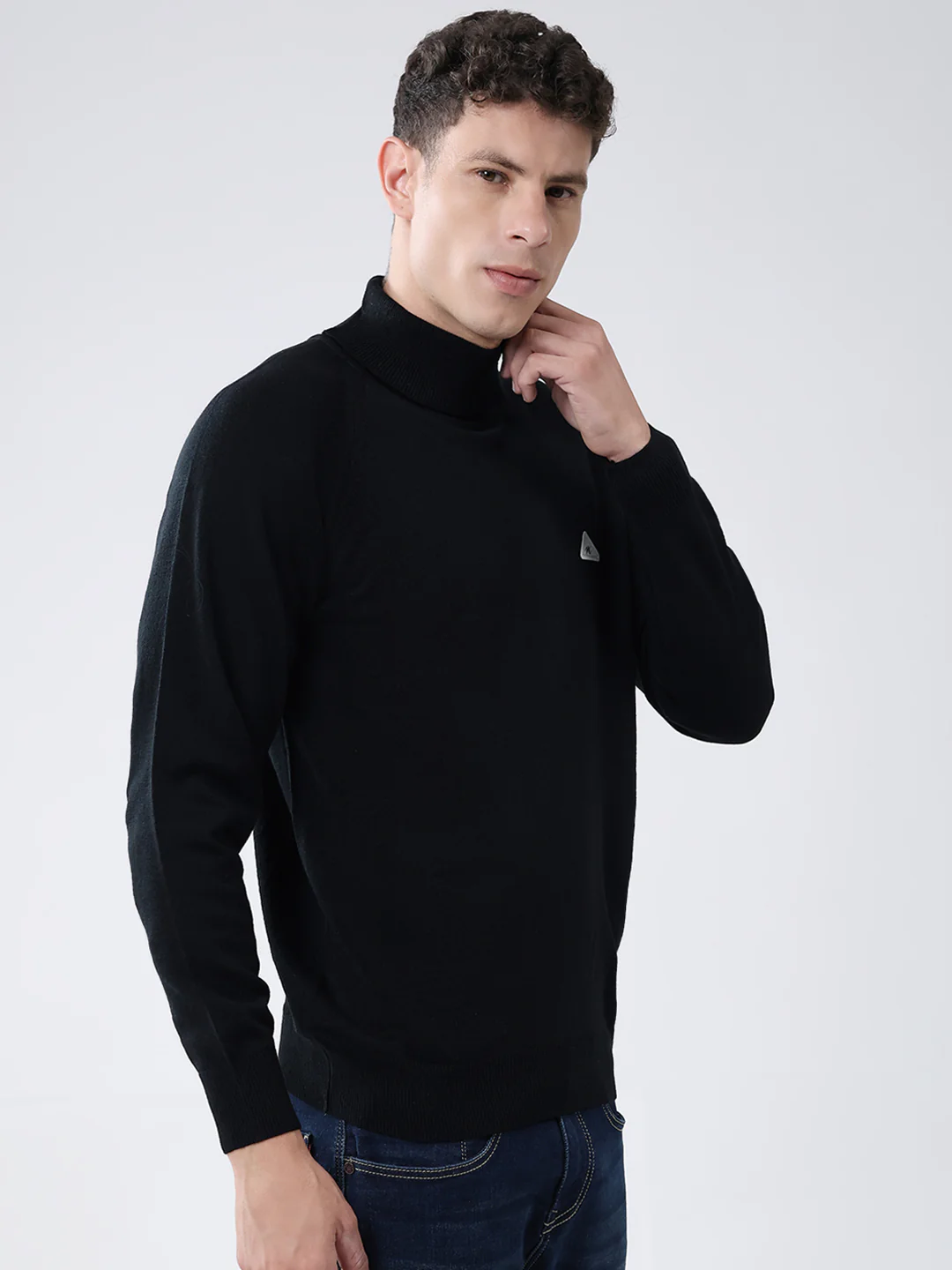 Men Black Solid High Neck Full Sleeve Pullover - Image 4