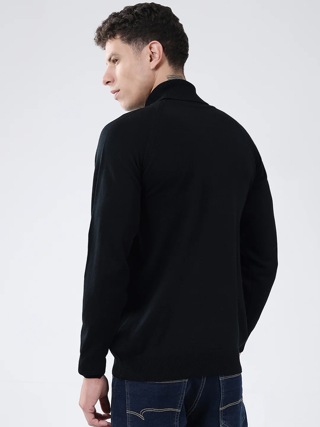 Men Black Solid High Neck Full Sleeve Pullover - Image 5