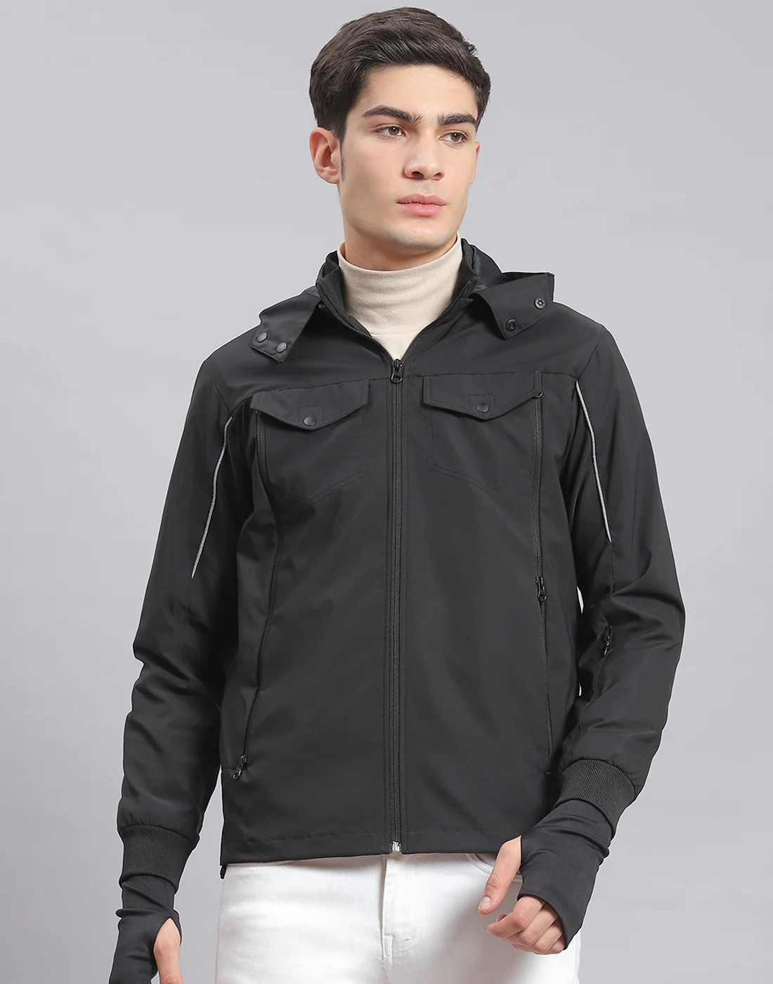 Men Black Solid Hooded Full Sleeve Jacket - Image 2