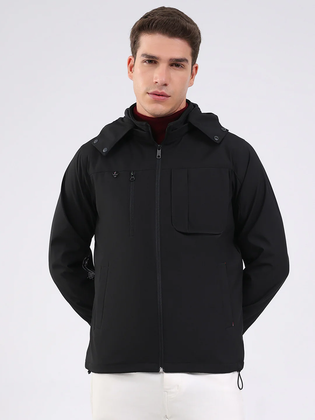 Men Black Solid Hooded Full Sleeve Jacket