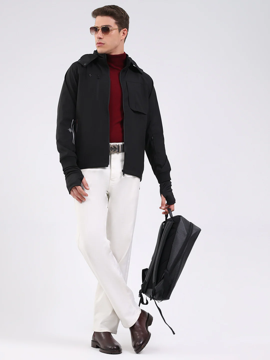 Men Black Solid Hooded Full Sleeve Jacket - Image 2