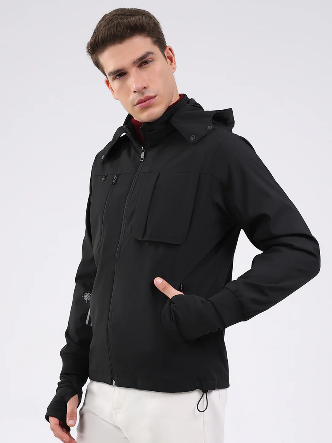 Men Black Solid Hooded Full Sleeve Jacket - Image 3