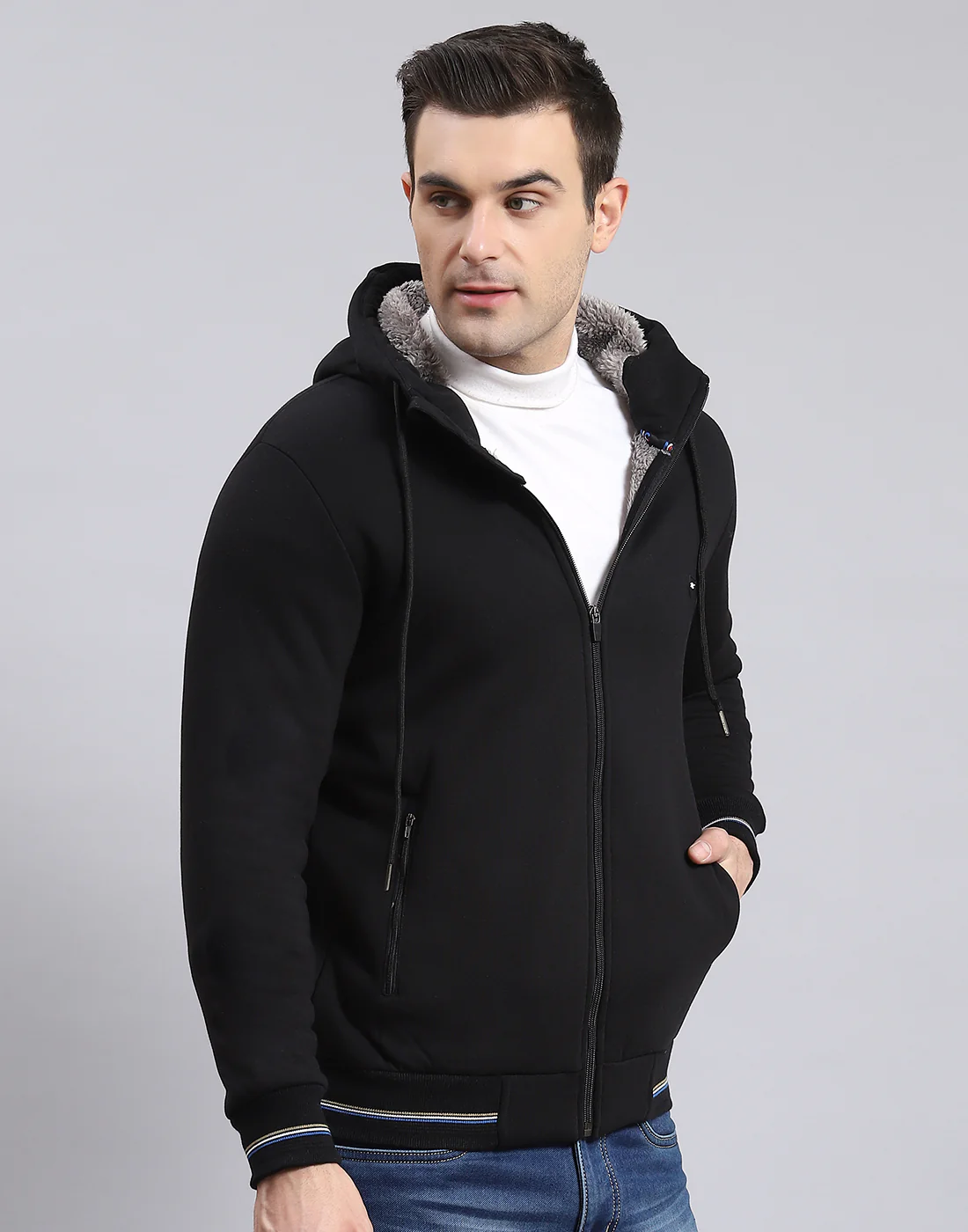 Men Black Solid Hooded Full Sleeve Sweatshirt - Image 4