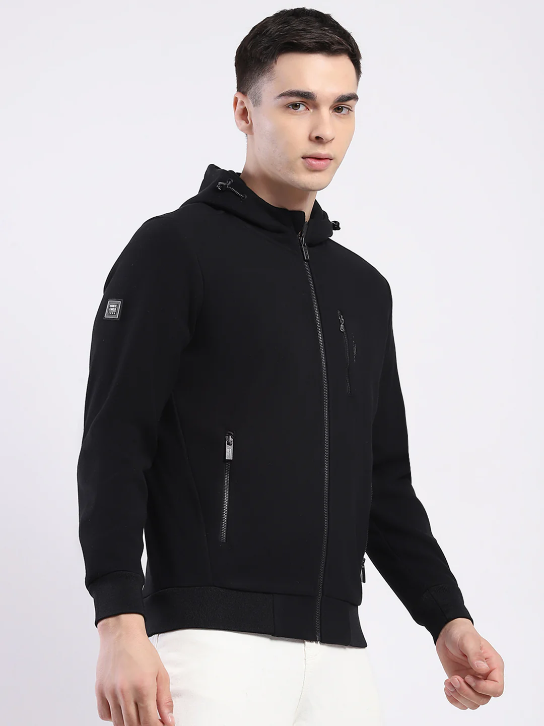 Men Black Solid Hooded Full Sleeve Sweatshirt - Image 4