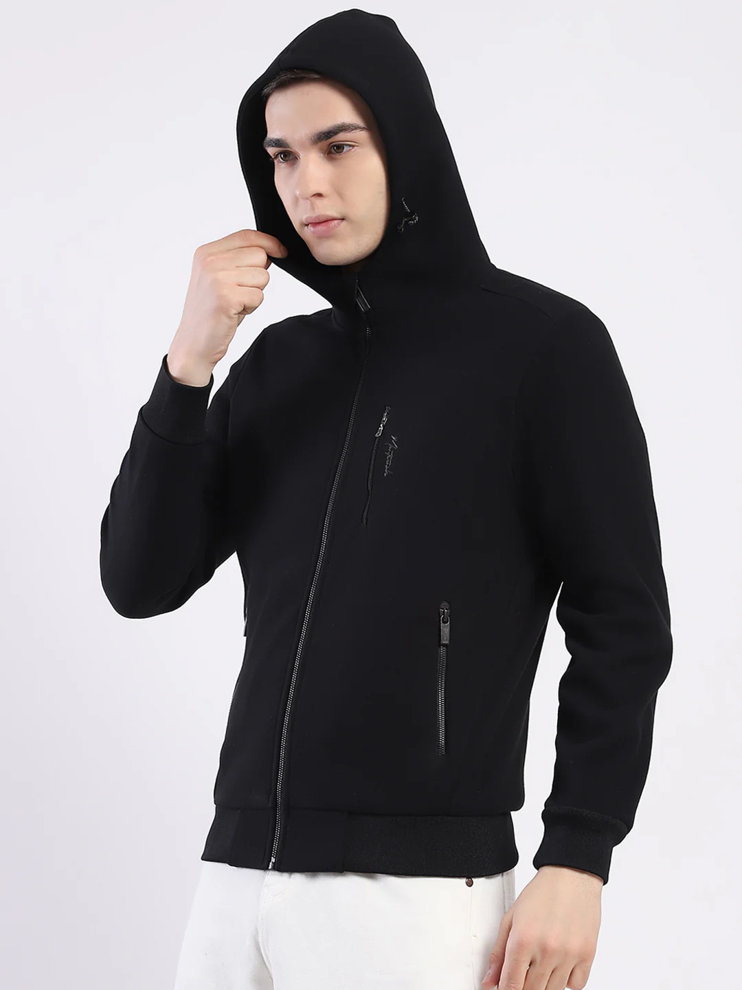 Men Black Solid Hooded Full Sleeve Sweatshirt - Image 7