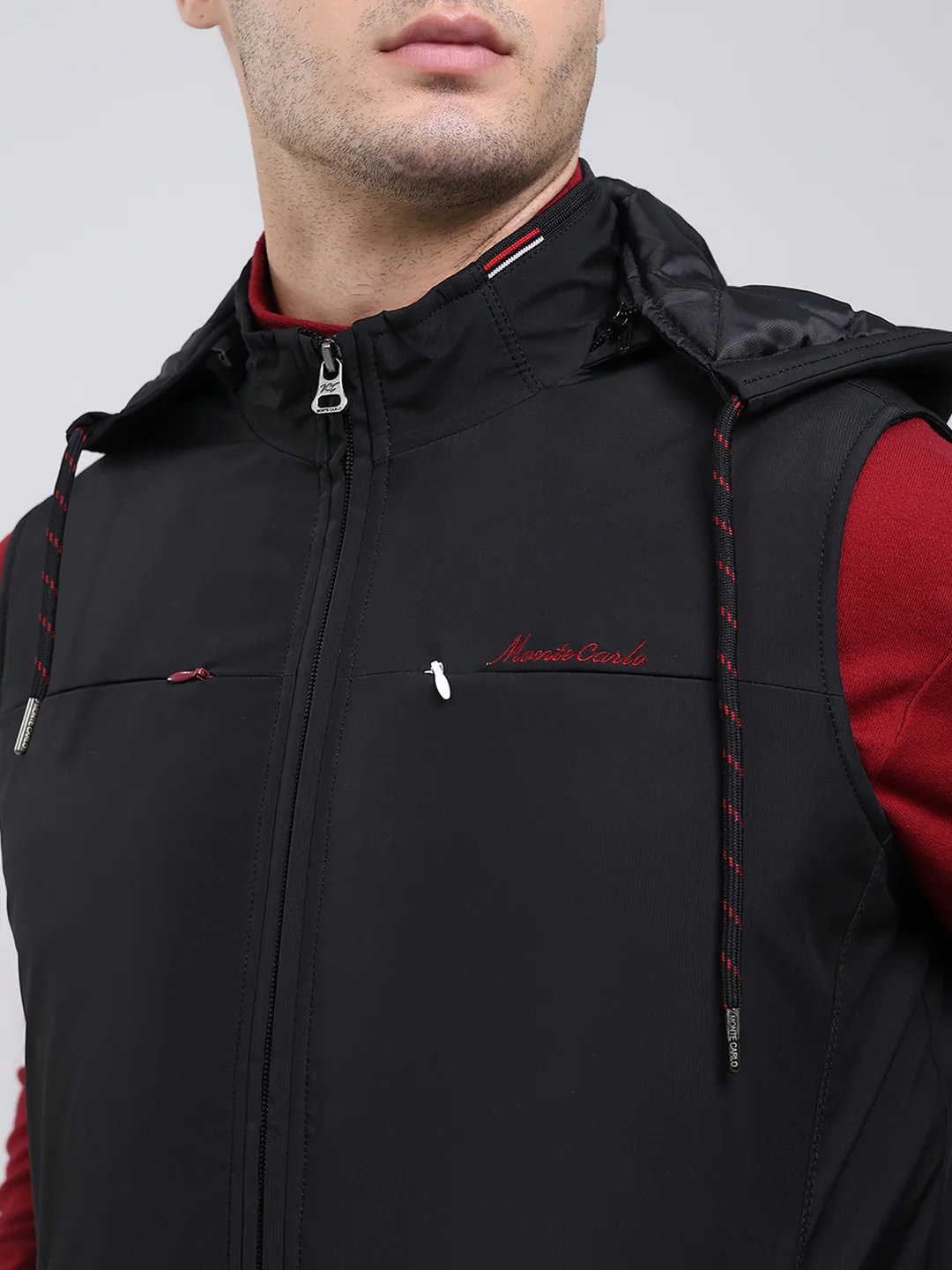 Men Black Solid Hooded Sleeveless Jacket - Image 6